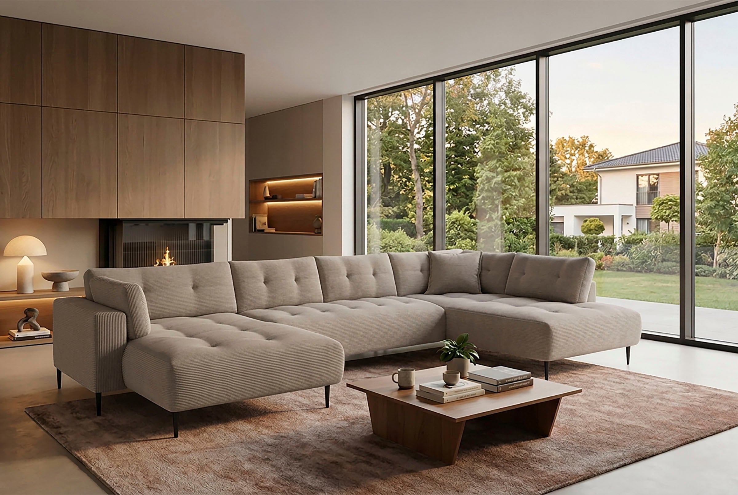 Trends by HG Paysage de salon »Leo U-Form, XXL-Sofa / Couch mit bequemer Polsterung & Zierkissen« Sofa mit mittelfesten Sitzkomfort, edle Steppung & Metallfüsse, Cord