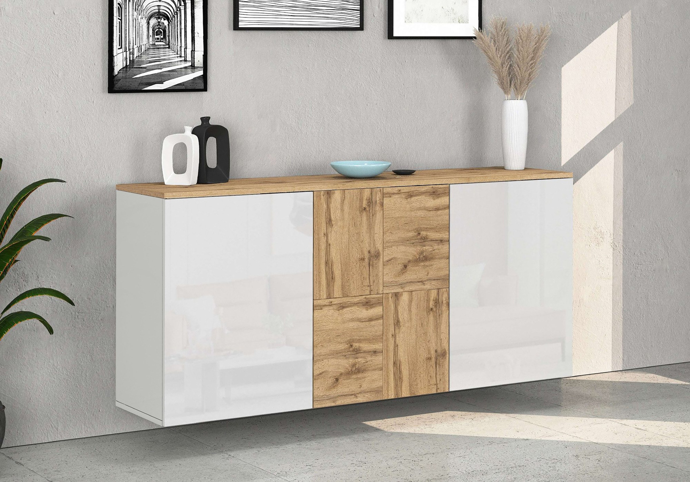GOODproduct Sideboard »ISEO, Kommode, Schrank, Sideboard, Lowboard, 6 Fächer, Breite 150 cm« 1 Stk. tlg. stehend/hängend, 3 Türen Hochglanz lackiert, Made in Italy