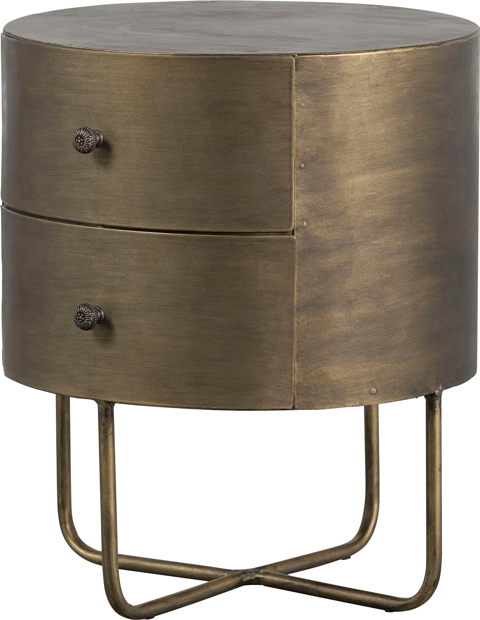 WOOOD Table d'appoint »Glossy Metall Antique-Brass-Beschichtung, H 48 x B 39 x T 39 cm« Deux tiroirs sans rails, facile d'entretien, livré monté