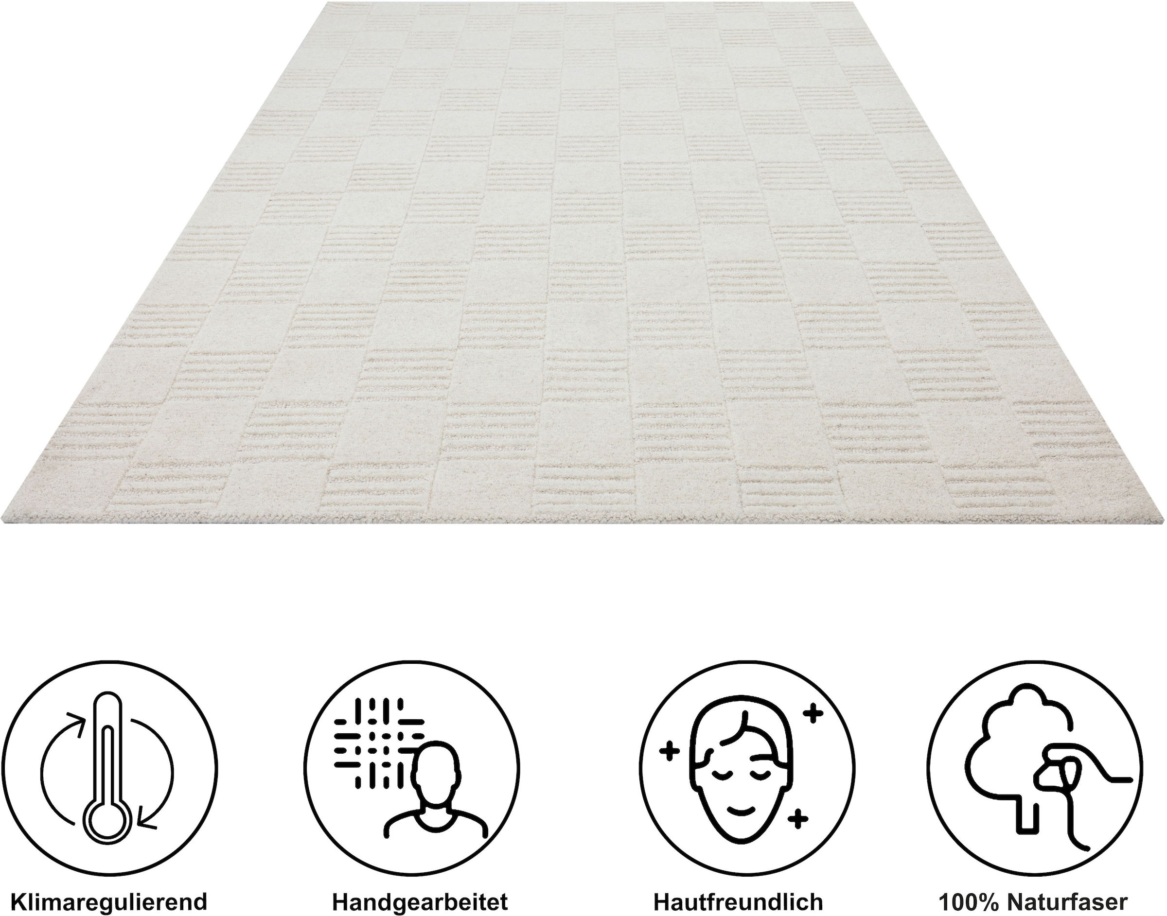 my home Tapis en laine »Motala, Handgefertigt, Wolle, Hoch-Tief-Effekt,« Rectangulaire 14 mm Höhe einfarbig, 3D-Design, Wohnzimmer, Schlafzimmer, Esszimmer