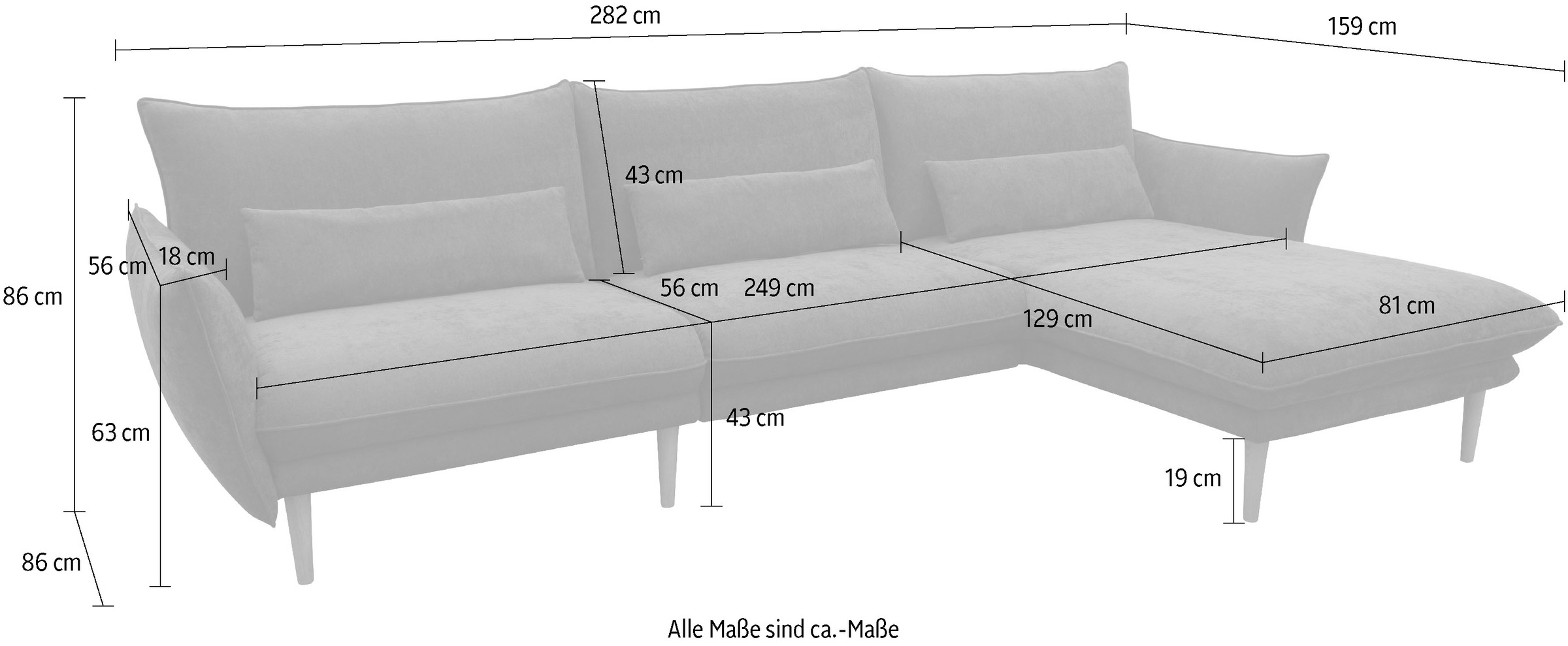 DOMO collection Canapé d'angle »Leuven modern mit schmalen Armlehnen, Breite 282 cm, L-Form« angenehm feste Polsterung, bodenfrei, 19 cm hohe Holzfüsse