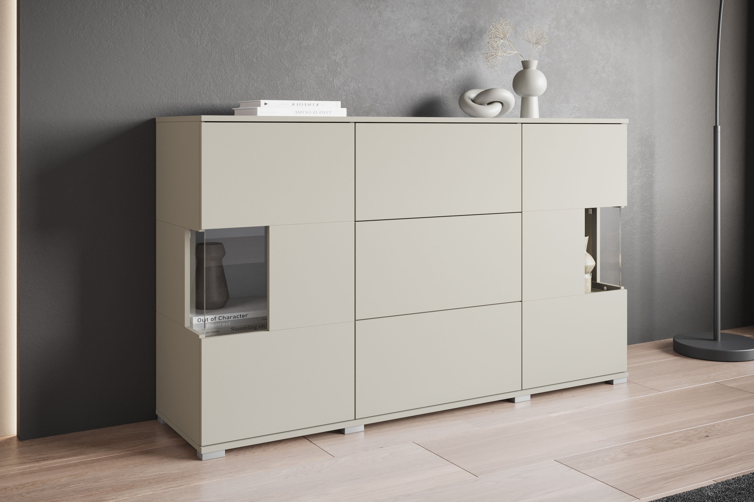 GOODproduct Buffet »Kenia« 1 cuis tlg. Buffet avec 3 tiroirs, 6 compartiments, portes en verre, largeur 150 cm