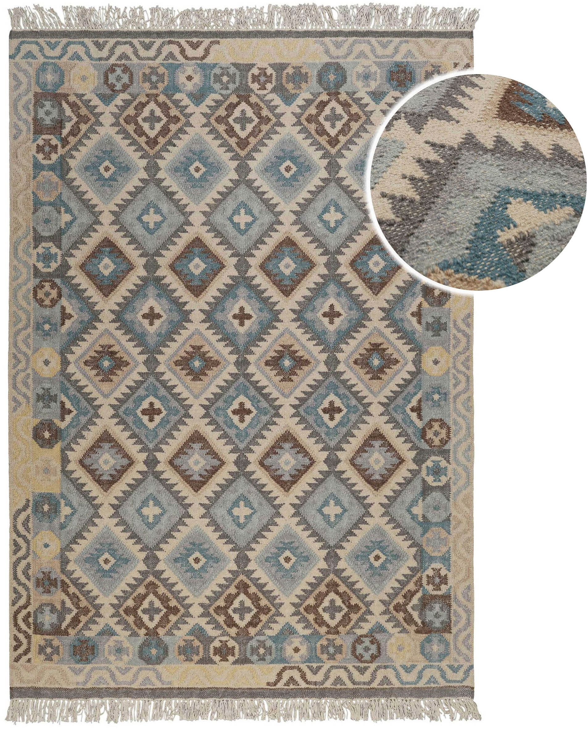 Green Looop Tapis en laine »Migny« Rectangulaire 5 mm Höhe Fransen, Kelim, handgewebt, Natur, Wohnzimmer, Schlafzimmer, Raute