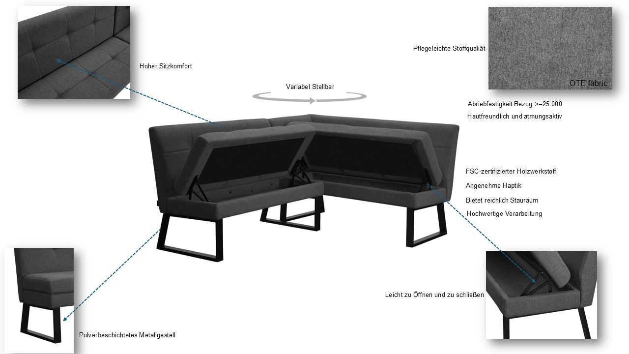 GOODproduct Banc d'angle »Geranie, Sitzbank, Essbank, pflegeleichter Strukturstoff« Eckbank inkl. Stauraum, Pulverbeschichtetes Metallgestell