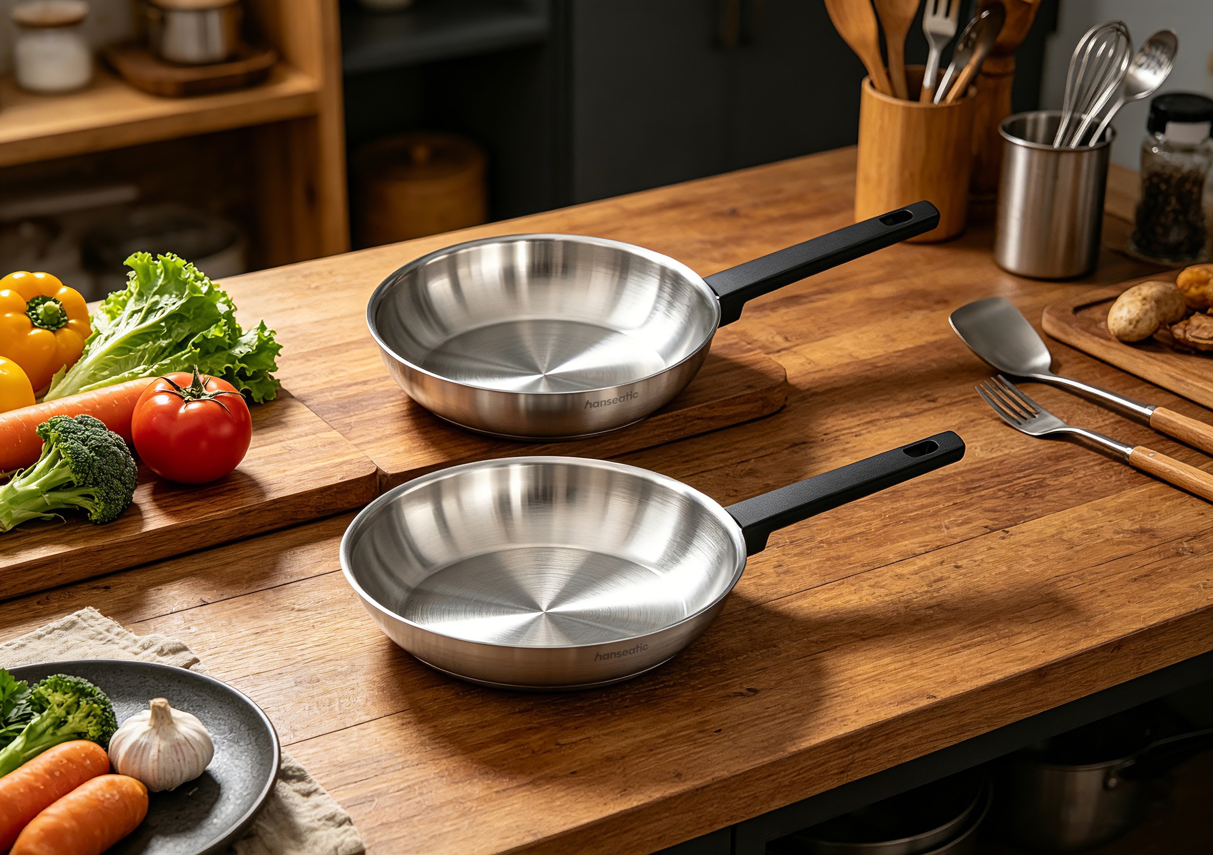 Hanseatic Pfannen-Set »SMART« Edelstahl 18/10 Set, 1x Pfanne Ø 24 cm und 28 cm, 2 tlg. ohne Beschichtung, energiesparend, für alle Herdarten, inkl. Induktion
