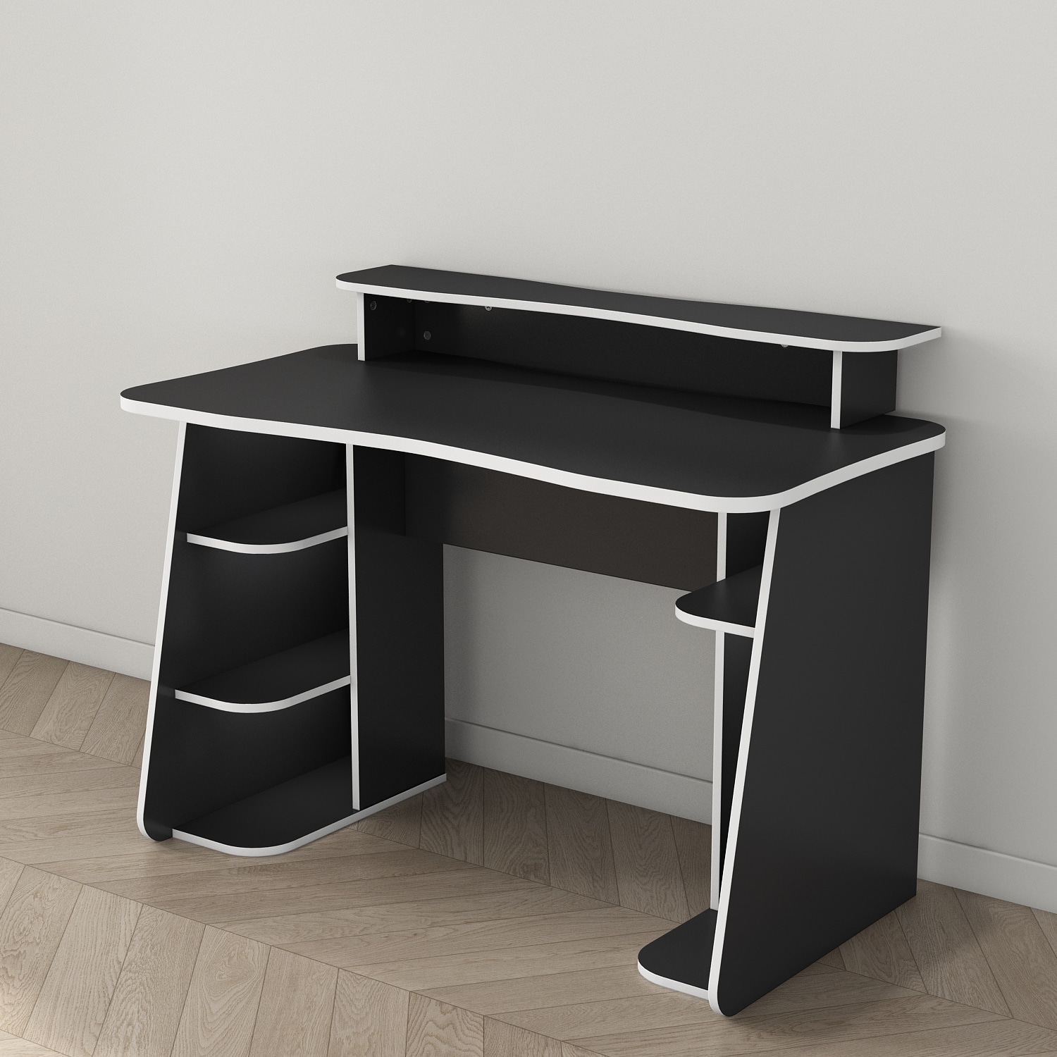 GOODproduct Gamingtisch »GAME, Computertisch, Schreibtisch, Towerfach, Monitoraufsatz,« ergonomisch geschwungene Tischplatte, Breite 120 oder 150 cm