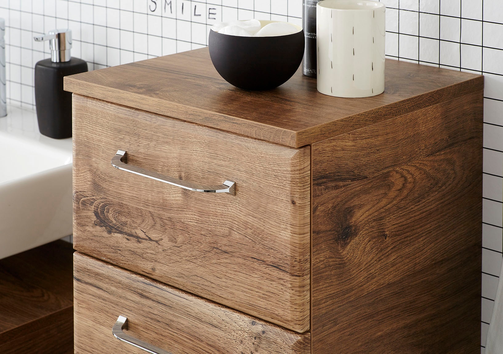 Saphir Armoire basse »Quickset Badschrank mit 1 Tür und 2 Schubladen, 35 cm breit« meuble bas de salle de bain incl. amortisseur de porte, poignées chromées brillantes