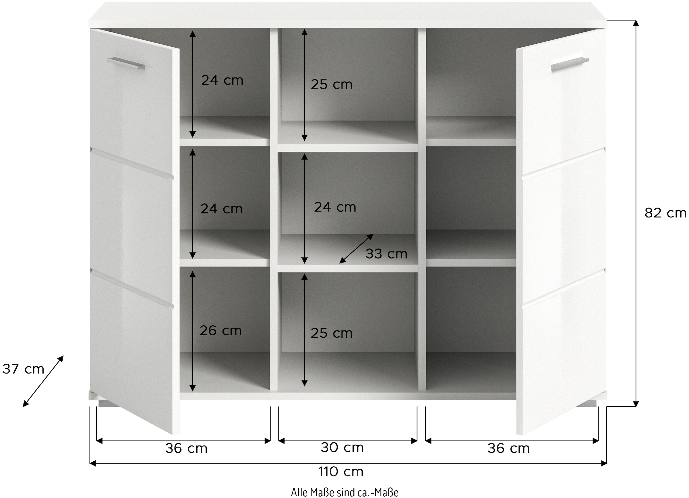 Home affaire Sideboard »Valge, Breite 110 cm, 2 Türen, 4 verstellbare Böden, 3 offene Fächer« Front-Rillenfräsung, Schuhkommode, Anrichte, Schrank, Kommode
