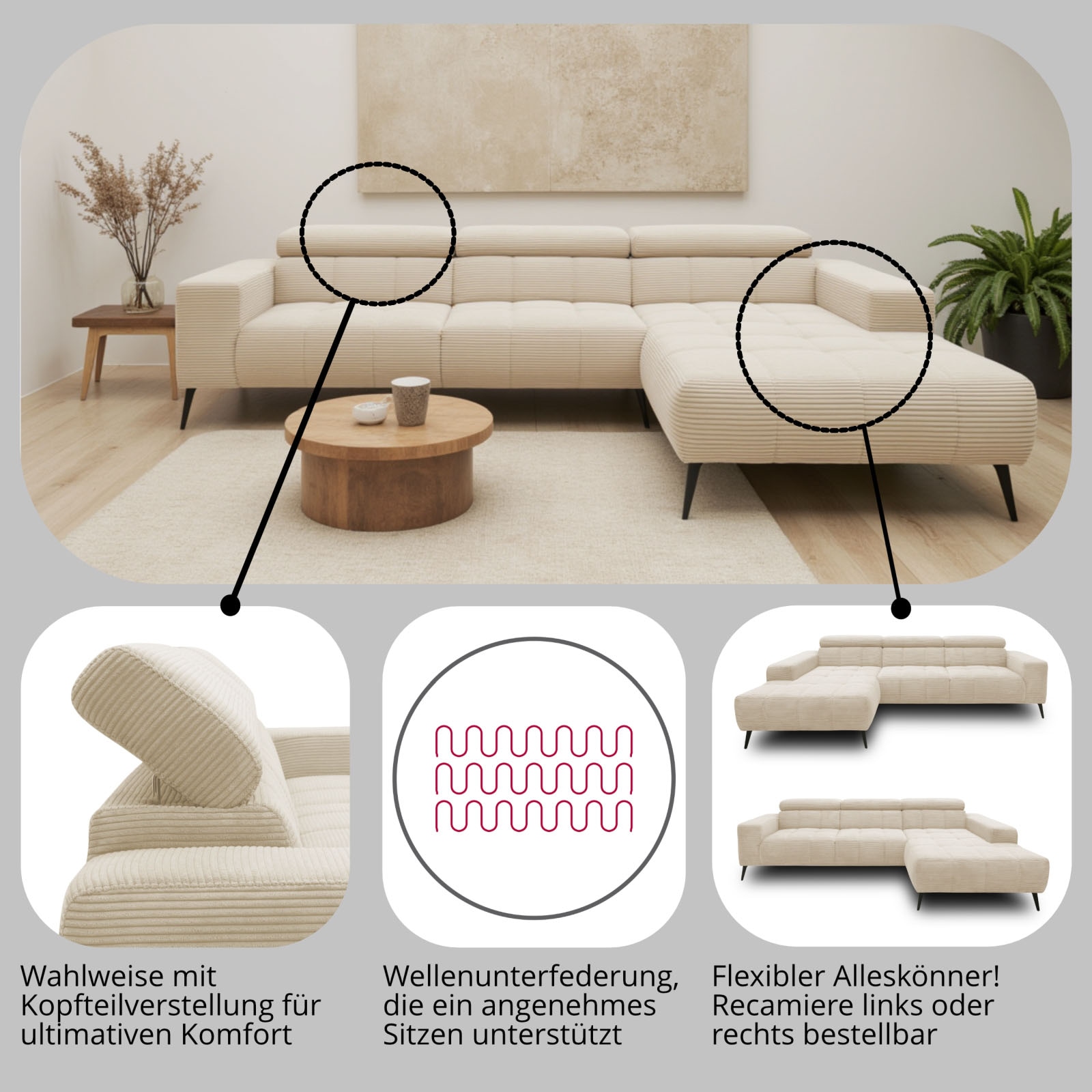 DOMO collection Ecksofa »Trento L-Form, mit Kufenfuss oder Einzelfuss« wahlweise mit Kopfteilverstellung, Recamiere links/rechts bestellbar
