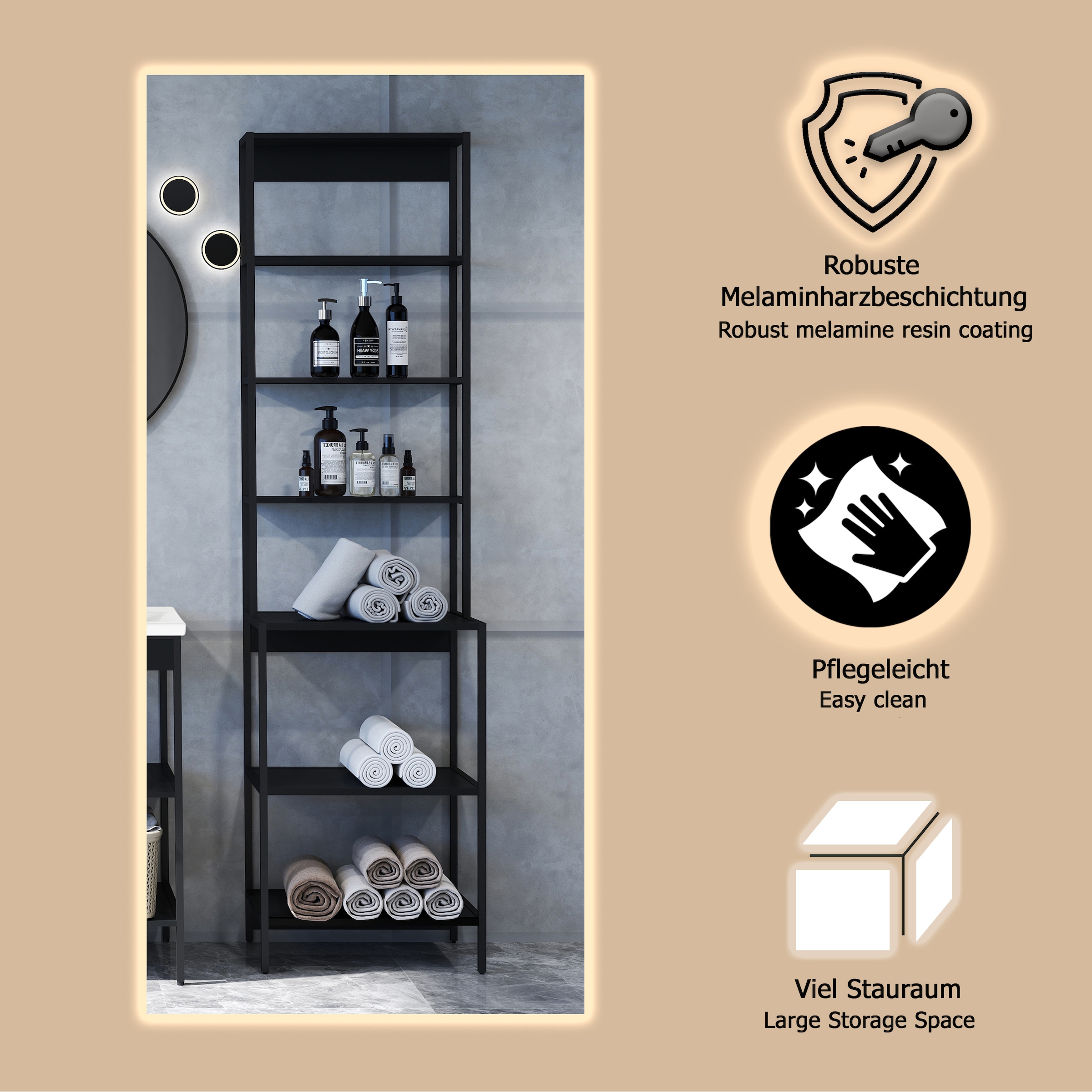 welltime Badregal »Lodi« 1 Stk. tlg. Hochregal mit Metallrahmen, 6 Böden - (B/T/H) 51/30/190 cm