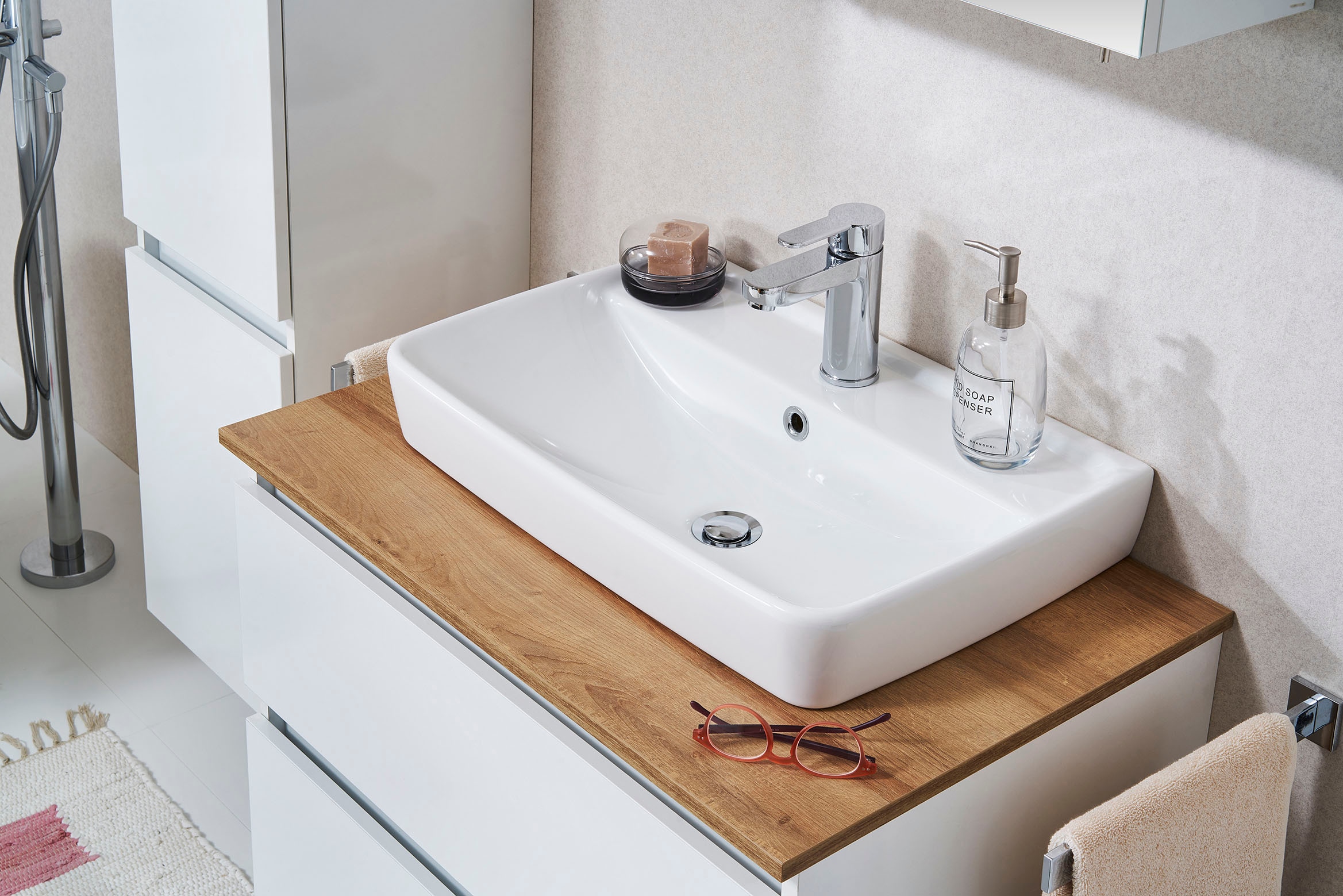 Saphir Ensemble de meubles de salle de bain »Quickset 360 3-teilig, Keramik-Aufsatzbecken mit LED-Spiegelschrank« 5 cuis tlg.