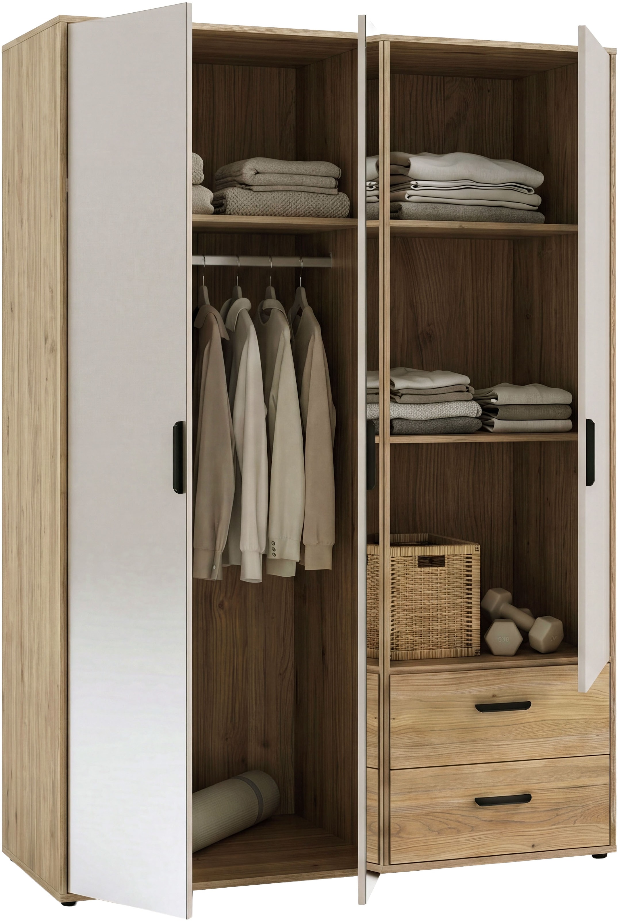 GOODproduct Kleiderschrank »AALOX, Spiegel, 3 Türen, 2 Schubladen, viel Stauraum, schwarze Griffe« Schrank ca. 140 bis 150 cm breit, schwarze Griffe, zeitloses Design