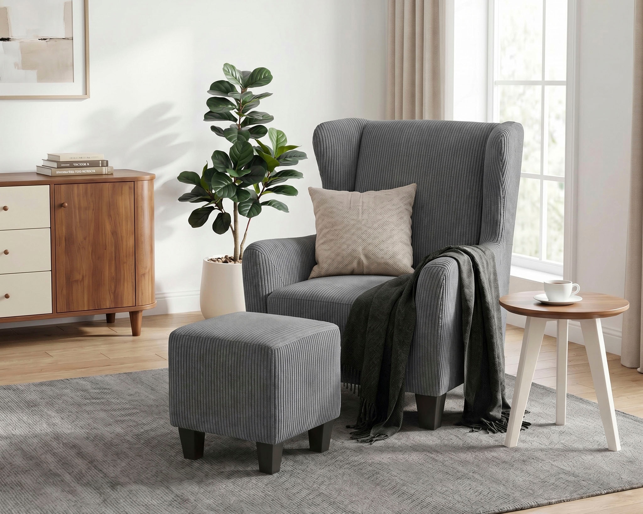 GOODproduct Fauteuil à oreilles »CHILLY, Cord-Bezug, Sessel mit Hocker« Ensemble, composé de fauteuil et tabouret, 2 cuis tlg. Notre prix bas permanent