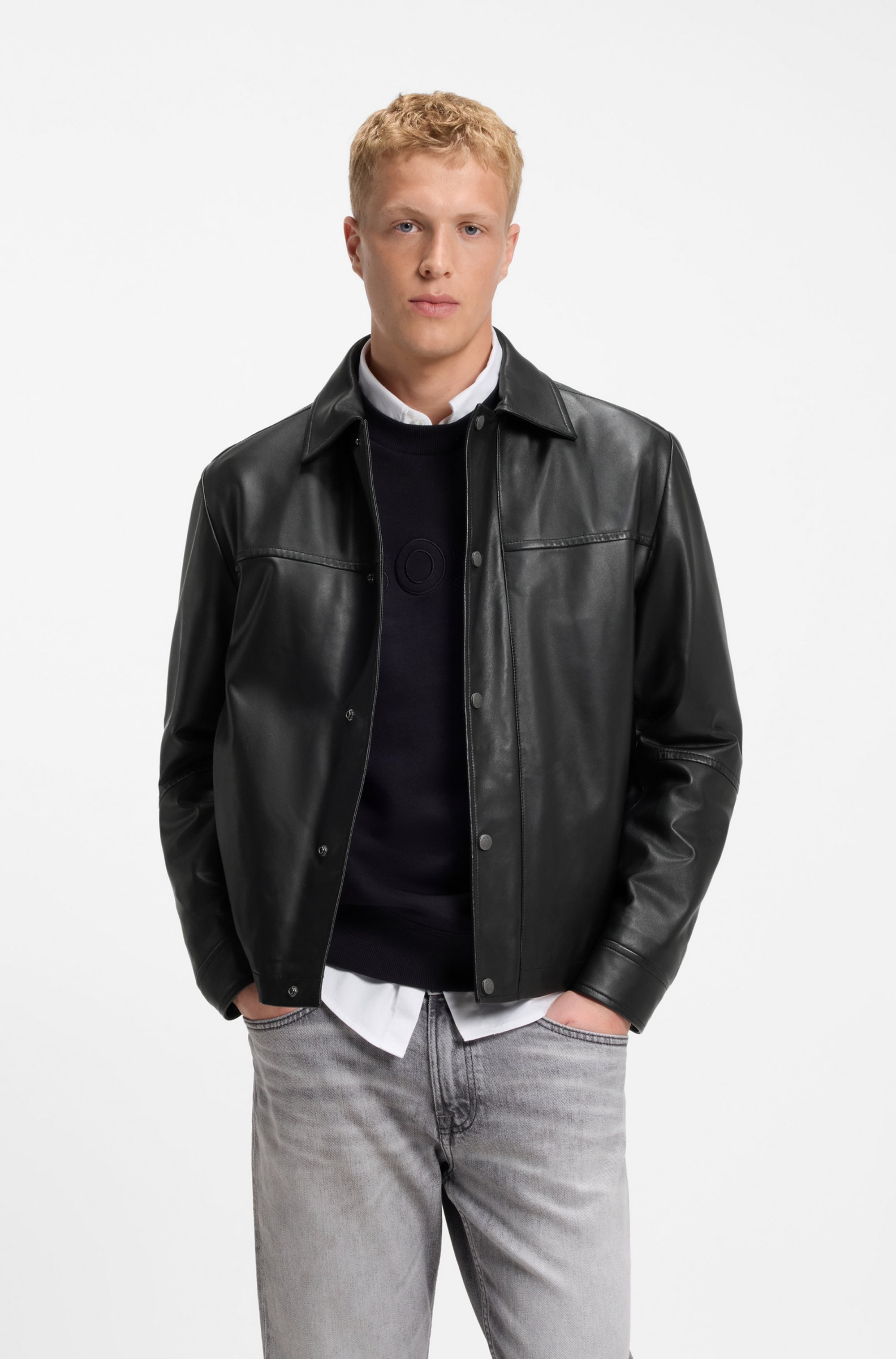 BOSS ORANGE Veste en cuir »Joban« cuir nappa lisse, coupe régulière, inscription en métal