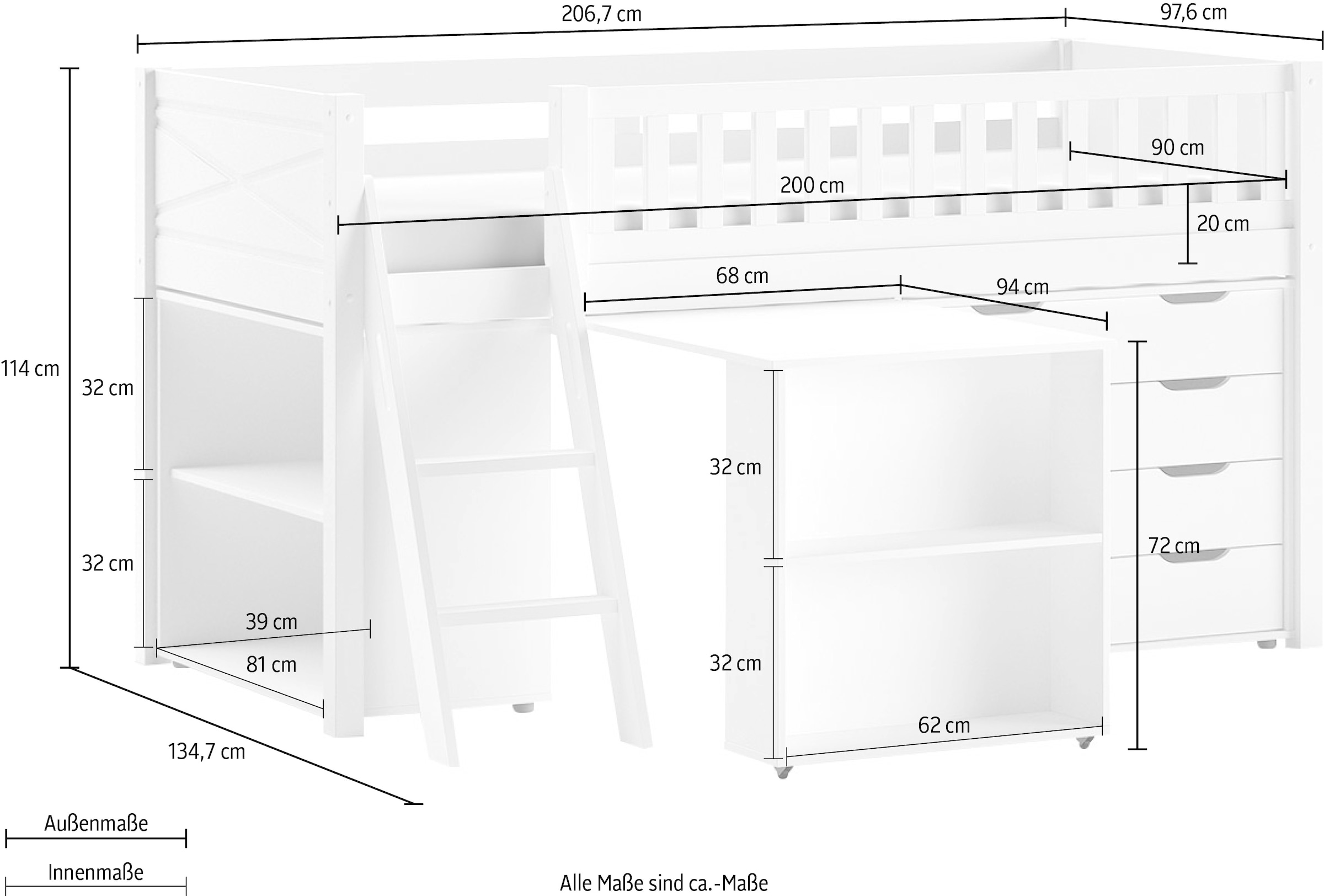 Vipack Lit de jeu Fabriqué en Europe,  beaucoup de fonctions sur petit espace, LF 90x200 cm, pin laqué blanc