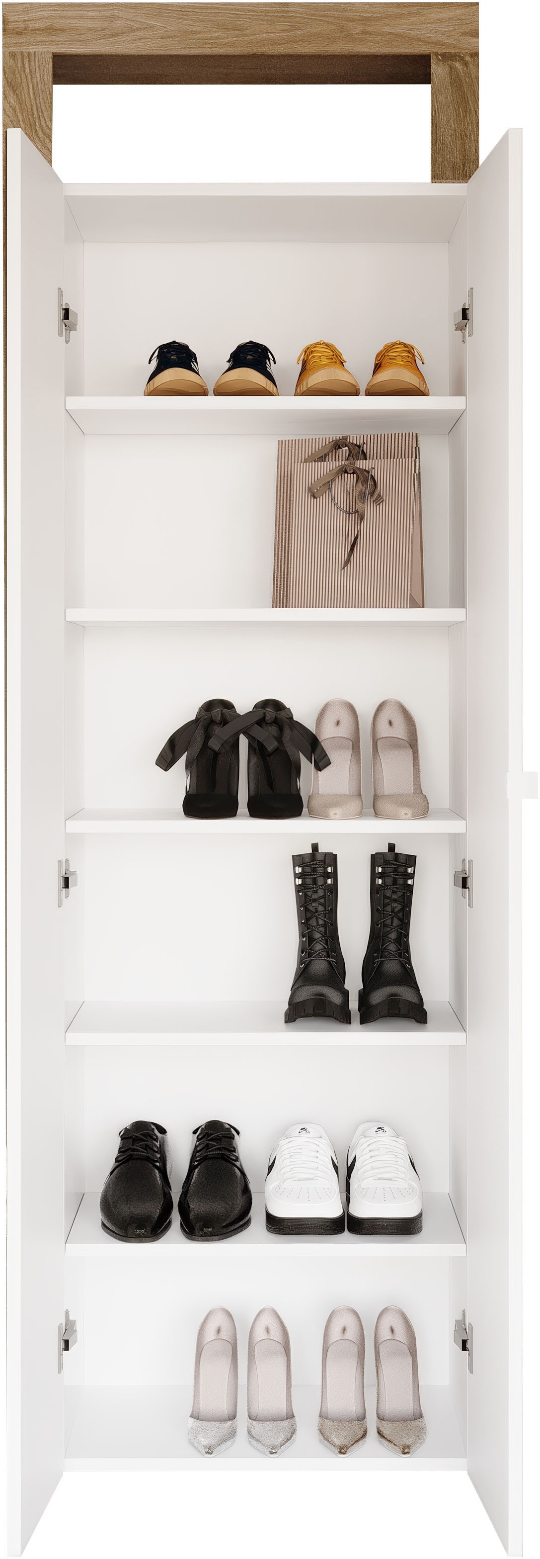 Home affaire Armoire à chaussures »Hamburg Höhe 195 cm, Hochschrank, 2 Spiegeltüren, dekorativer Rahmen,« Schuhregal mit 6 Ebenen, Ablagefach, verstellbare Böden, Metallgriff