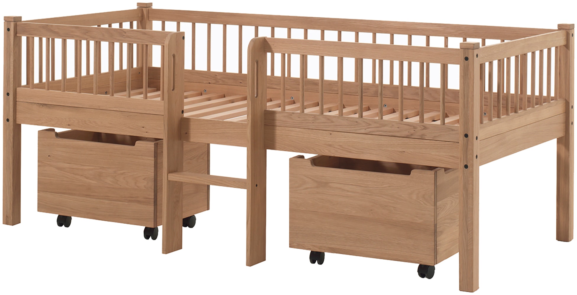 Vipack Lit en bois massif »Forrest Made in Europe, stabil und hochwertig gebaut, mit 2 Rollboxen« 90/200 cm, avec sommier à lattes et échelle, montage inversé possible,  incl. protection anti-chute périphérique en style barreaux, chêne naturel huilé