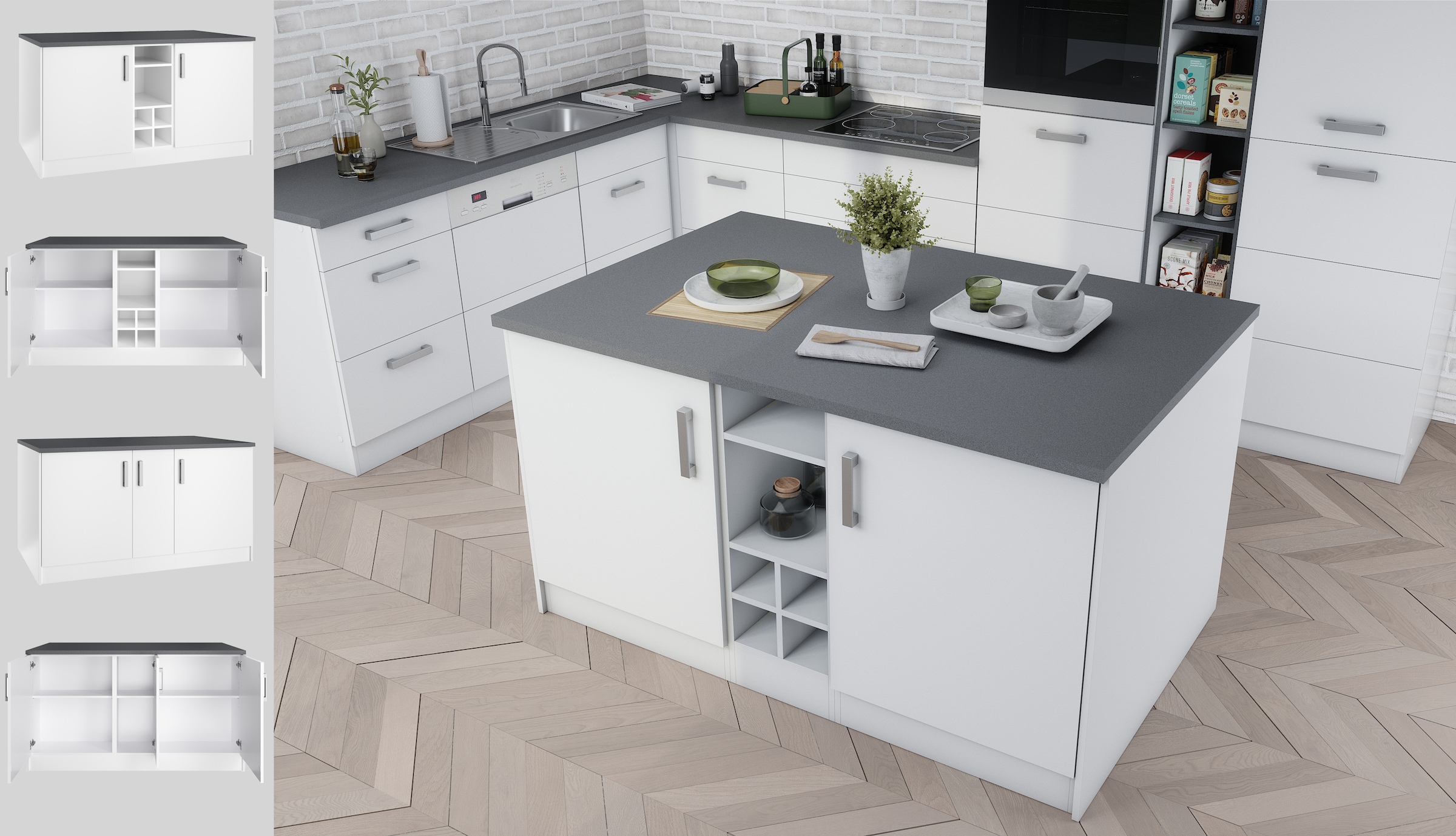 KOCHSTATION Ilot de cuisine »KS-Toronto« largeur 153 cm, façades MDF, casier à bouteilles