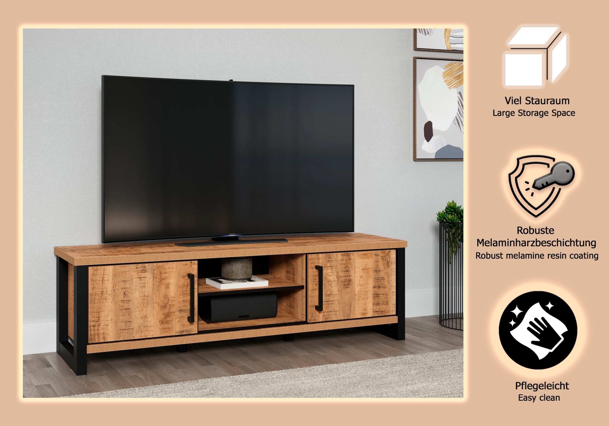 Home affaire Table basse »Elda« 1 cuis tlg. TV Lowboard mit 2 Türen und 2 offenen Fächern – (B/T/H) 166/45/50 cm