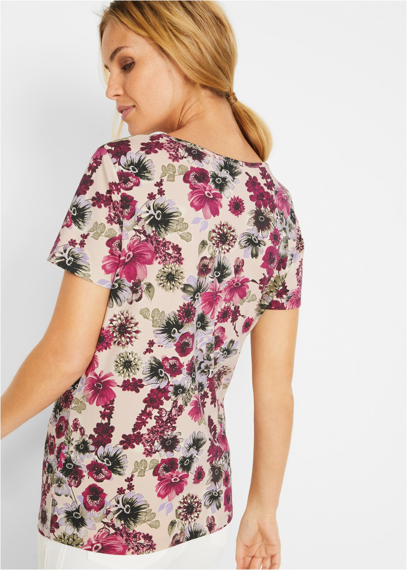 bonprix T-shirt Packung, 2 schmale Passform, Kurzarm, 1x uni und 1x bedruckt