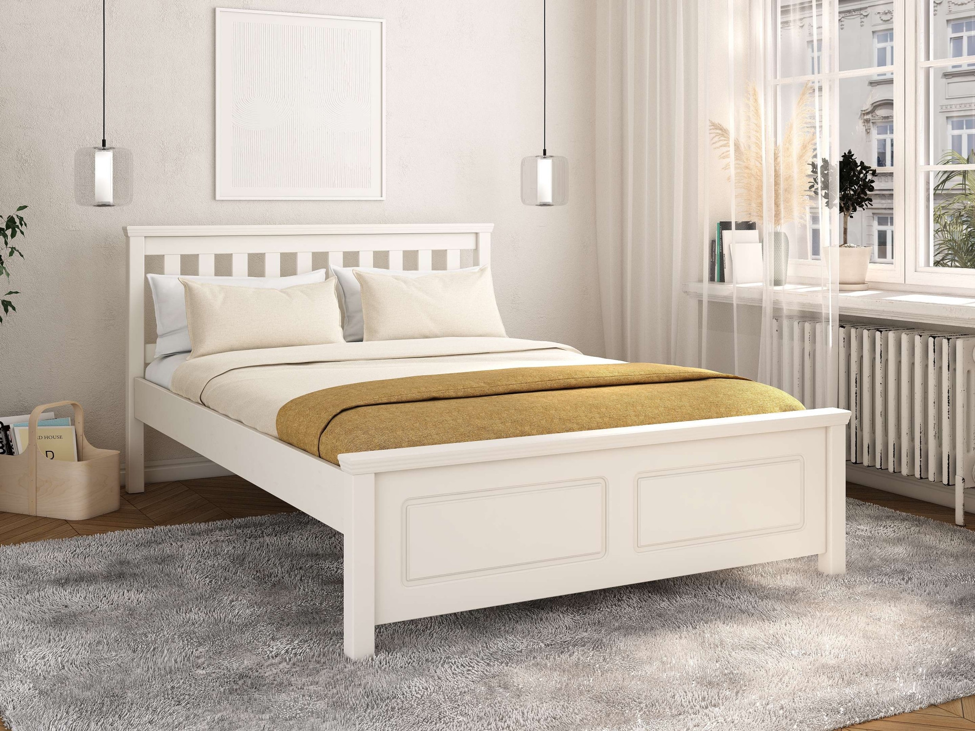 GOODproduct Lit »Fredegard, skandinavischer Stil, vielseitig kombinierbar, 2 Breiten« 180er oder 140er Breite,  teilmassiv, Sprossen am Kopfteil, mit Lattenrost, Kassettenoptik