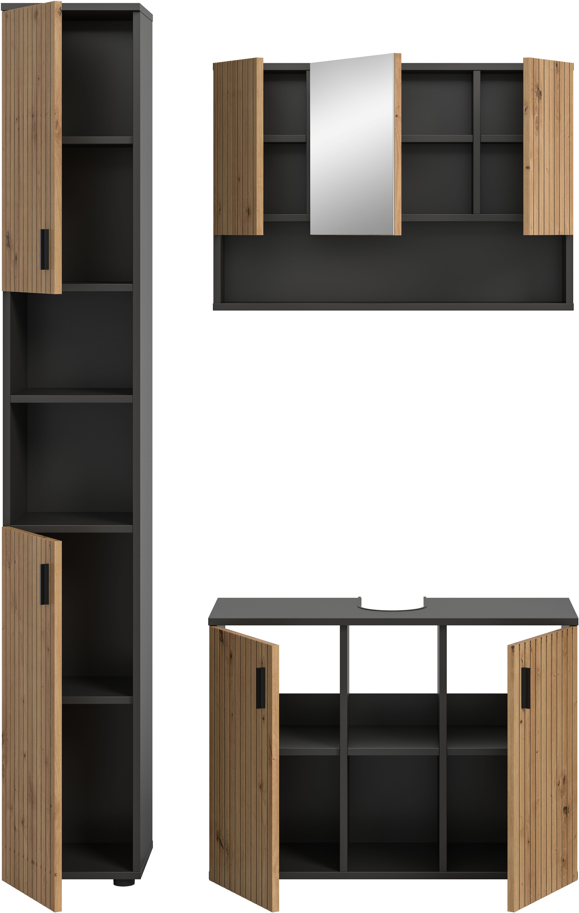 welltime Ensemble de meubles de salle de bain »MANI, 3-tlg. Badkombination, Paneeloptik« Set, Set, best, aus: 1Badschrank,1Spiegelschrank,1Waschbeckenunterschrank, 3 cuis tlg.