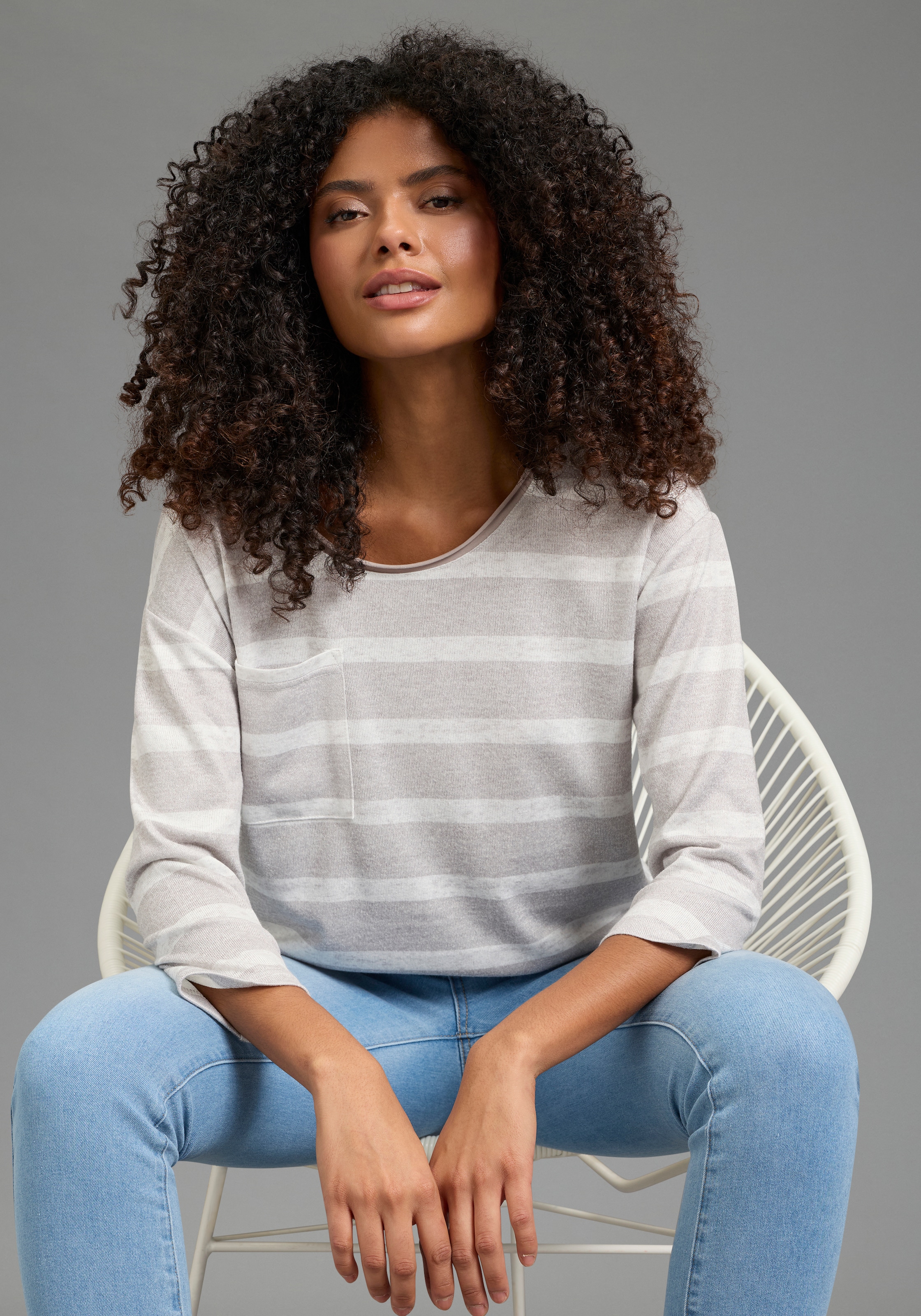 Laura Scott Pull à rayures leichter Übergangspullover mit seitlichem Schlitz und Tasche