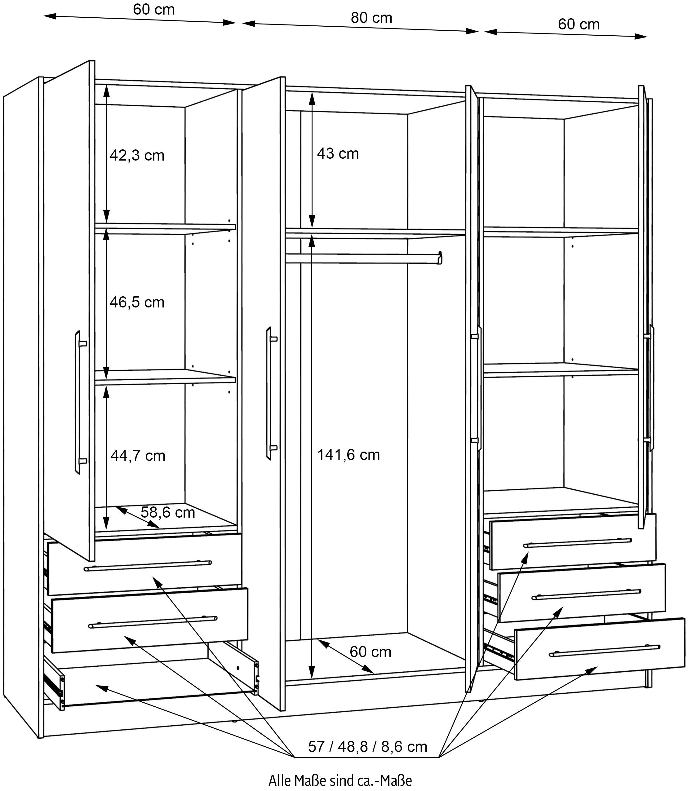 FORTE Armoires à vêtements »Jupiter, Made in Europe, mit  6 Schubladen, Stauraum« Dimensions L/H/P env. 207/200 cm/60,  espace de rangement, 2 largeurs, 4 couleurs, tiroirs, étagères réglables