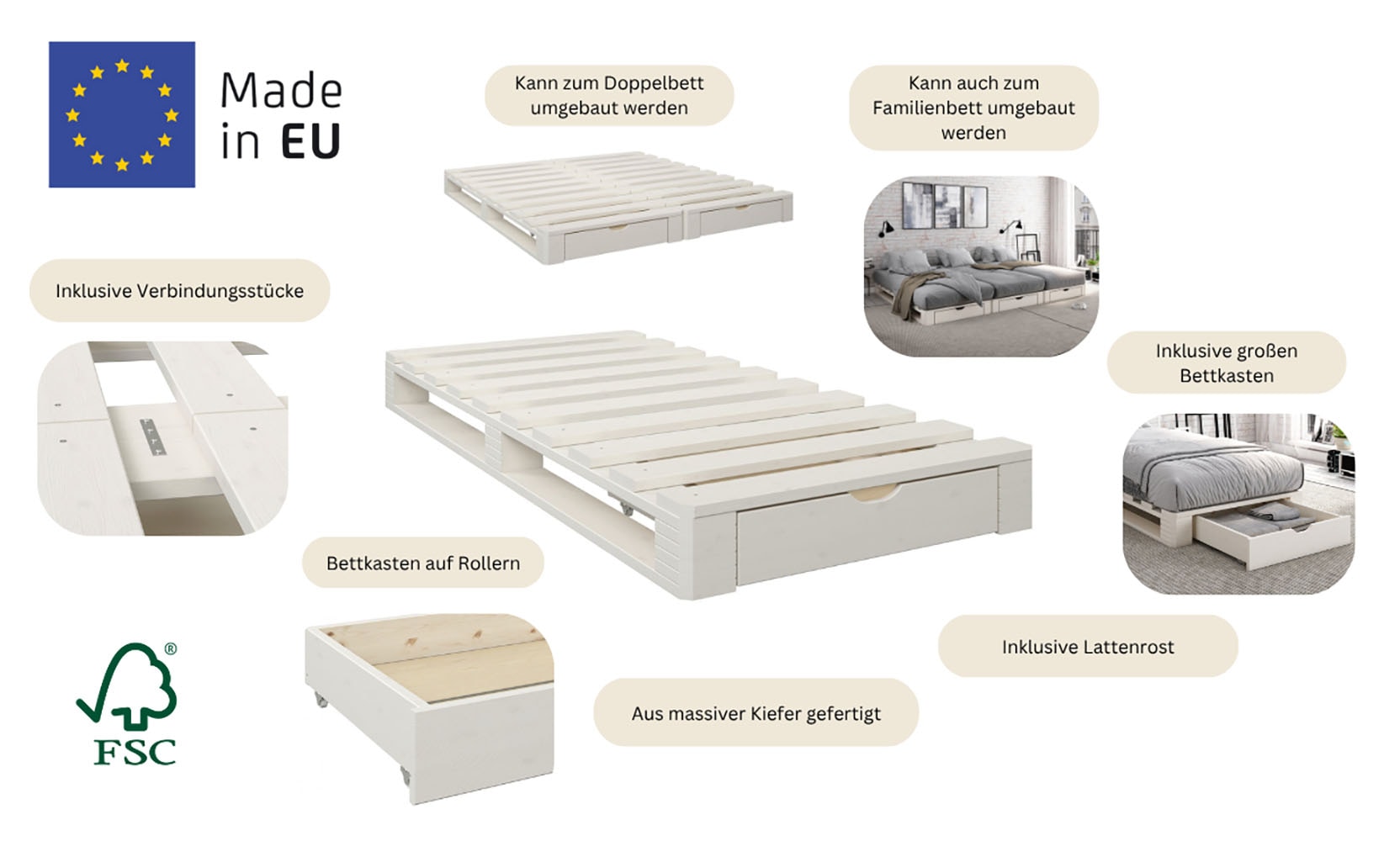 Home affaire Lit palette »"ALASCO "  BESTSELLER! Mit Schublade« zertifiziertes Massivholz, erweiterbar zum Doppel- oder Familienbett