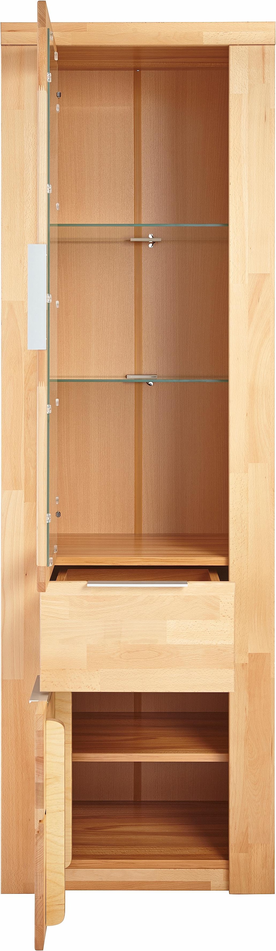 GOODproduct Vitrine »ZARA75, 2 Glasboden variabel, Türen L/R, 1 Schublade, Wohnzimmer« B/T/H:60/40/190cm,Front massivholz,5 Fächer,Griffe silberfarben, geölt