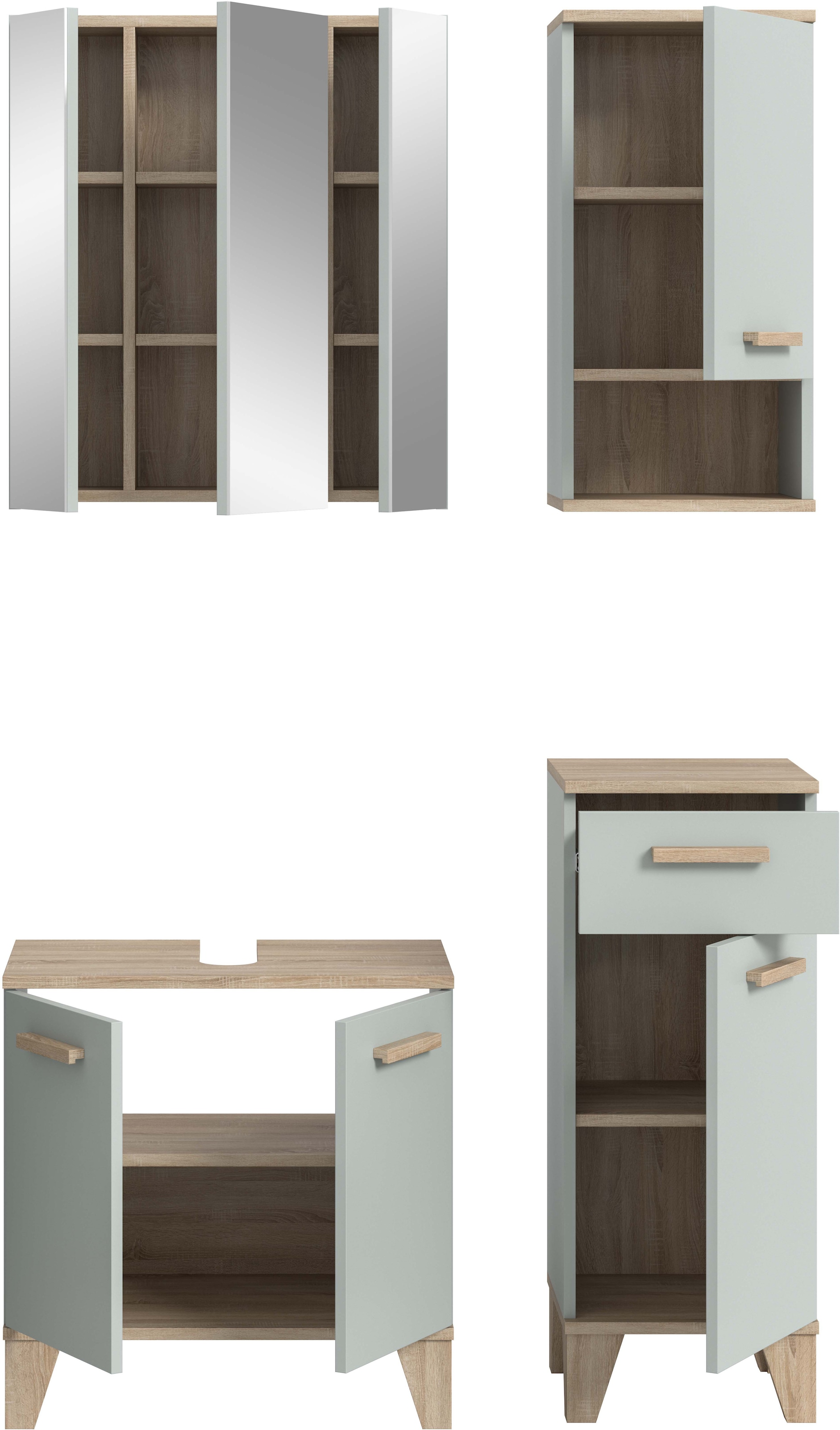 welltime Badmöbel-Set »MINTTU, 4-teilige moderne Badkombination im SCANDI-Look« bestehend aus: Midischrank, WBU, Spiegelschrank, Hängeschrank, 4 Stk. tlg.