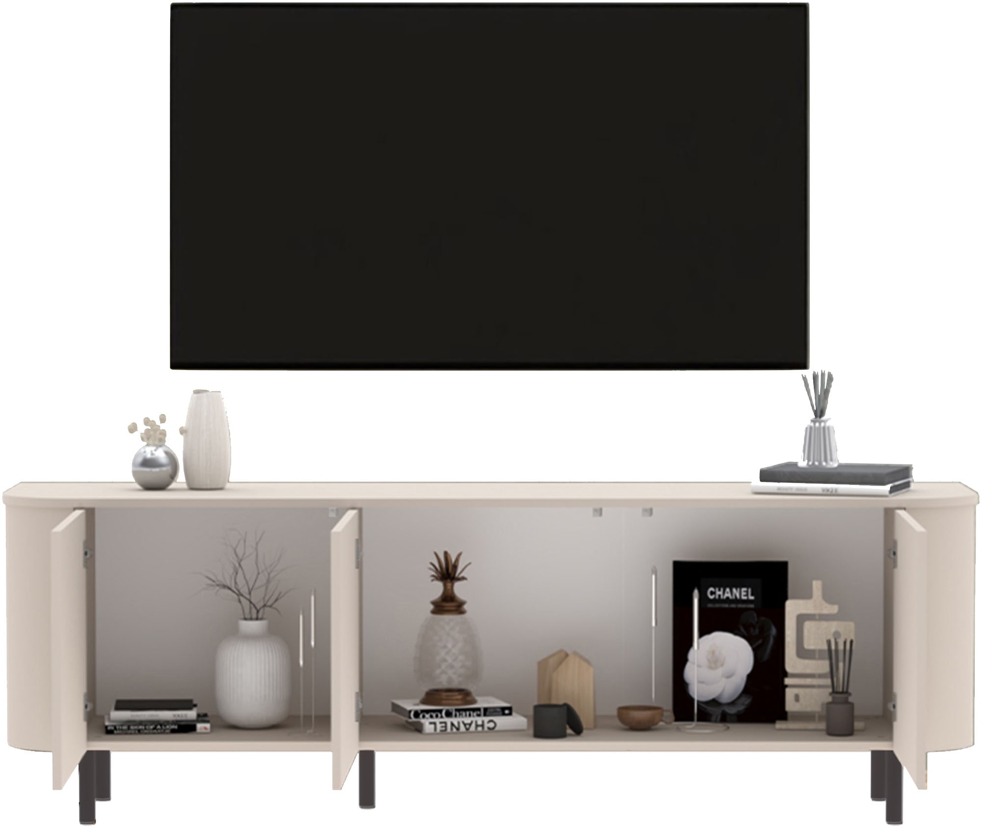 GOODproduct Table basse »Lido, 181 cm breit, 3 Türen, TV-Schrank, TV-Kommode, Medienboard« Formgebogenes MDF, Stirnseiten mit Rundung, Push-to-open, Metallfüsse