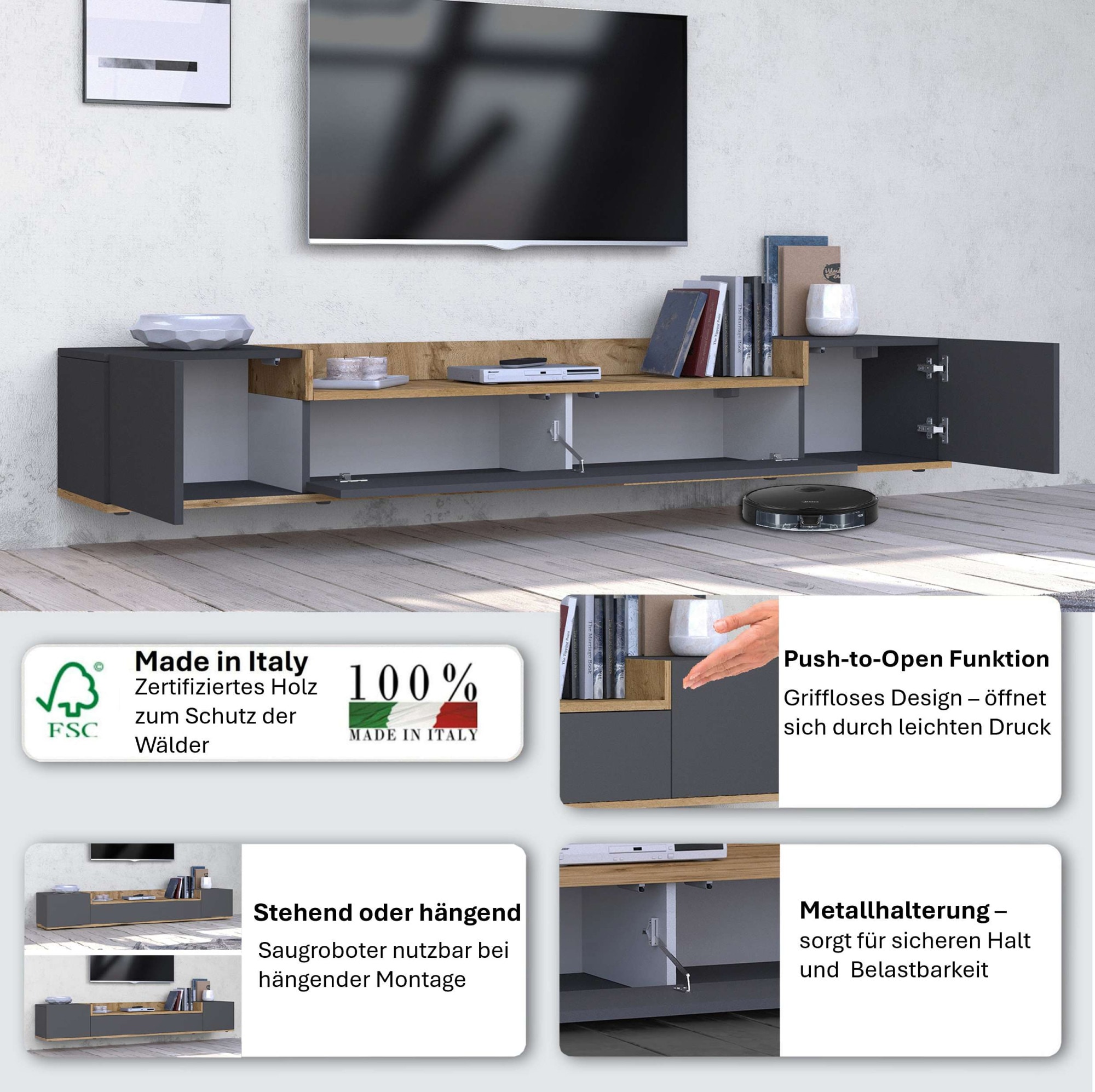 GOODproduct Lowboard »BOLSENA,TV-Kommode, TV-Möbel,TV-Bank, 4 Fächer und offenes Ablagefach« 1 Stk. tlg. stehend/hängend montierbar, Made in Italy, B/T/H: 200 × 35 × 31,2 cm