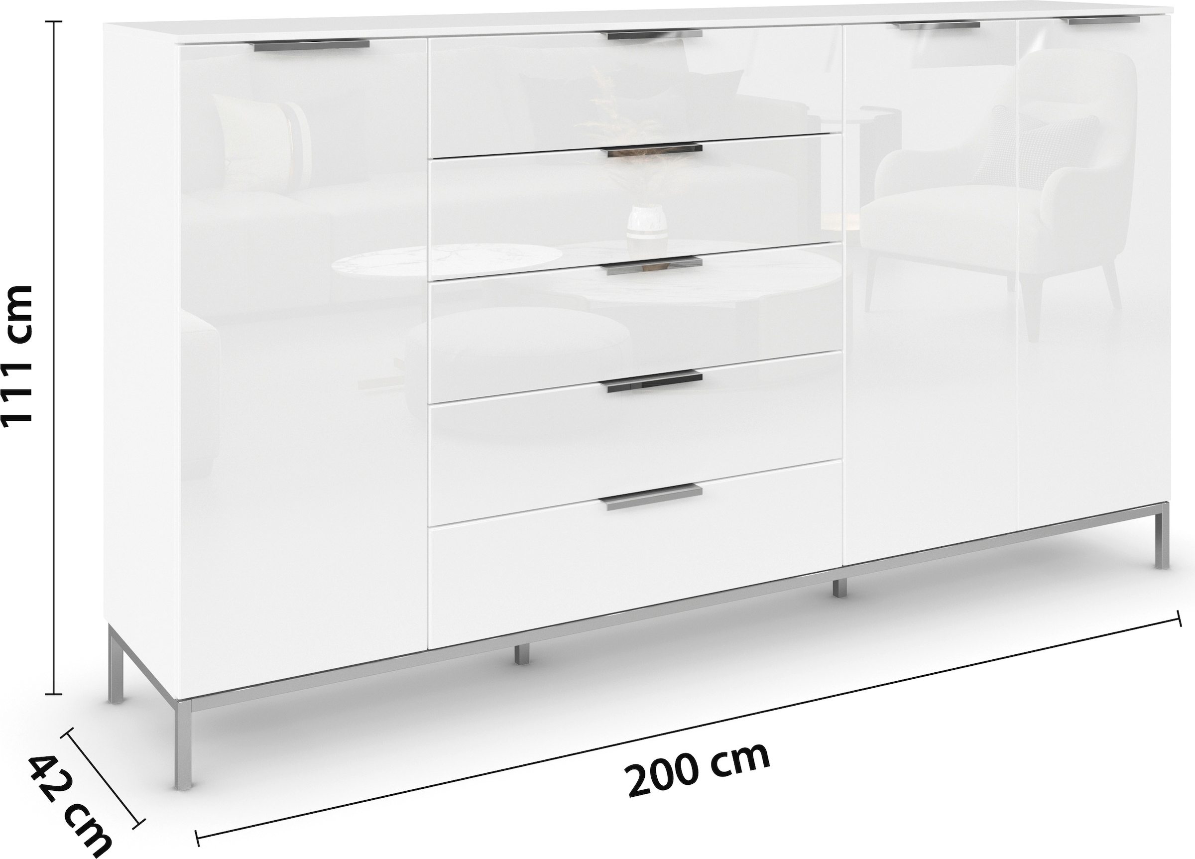 rauch Kombikommode »Kommode Türkommode Sideboard Kombikommode FLIPP mit Glasfront« Breite 200 cm mit 4 Einlegeböden,  3-türig mit 5 Schubladen und Soft-Close-Funktion sowie Glasfront