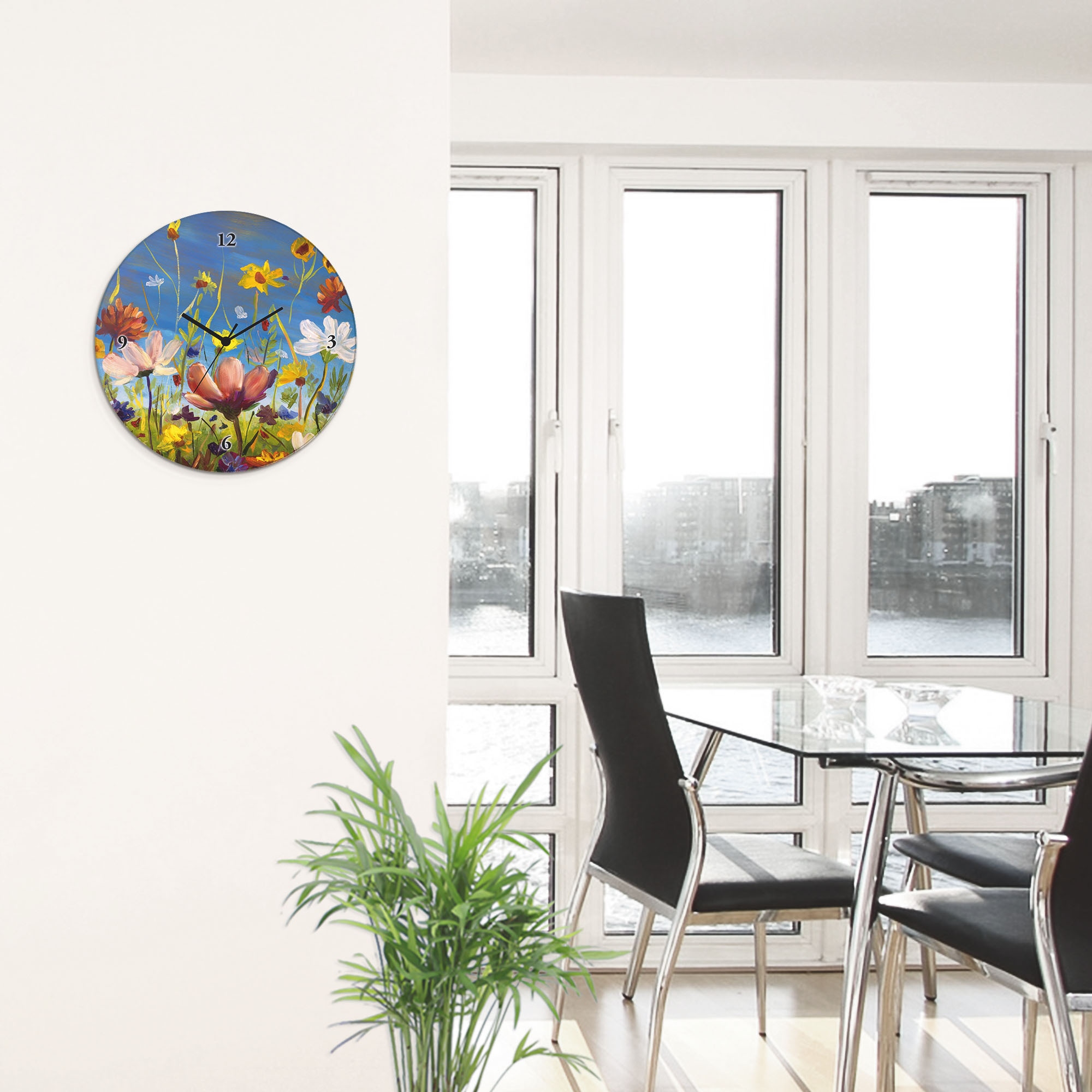 Artland Wanduhr »Glasuhr rund Wildblumenwiese« wahlweise mit  Quarz- oder Funkuhrwerk, lautlos ohne Tickgeräusche