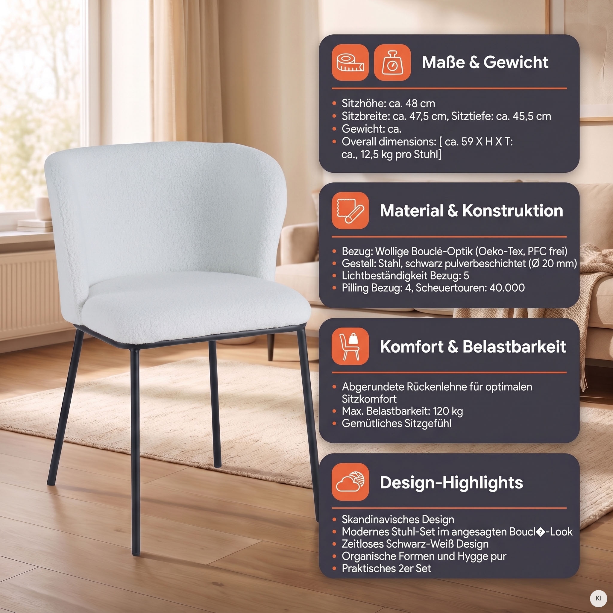 SalesFever Chaise à 4 pieds »Stuhl mit vier Füssen« (Ensemble) 2 cuislot de deux avec dossier arrondi