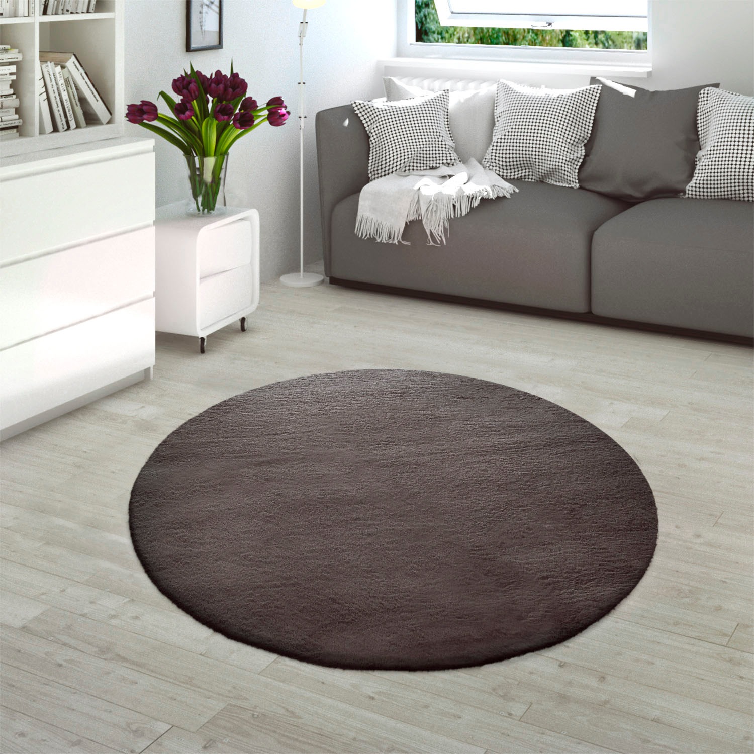 Paco Home Tapis en fourrure »Rabbit 780« Rond 26 mm Höhe Fourrure synthétique, toucher fourrure de lapin, véritable tapis douillet, couleurs unies