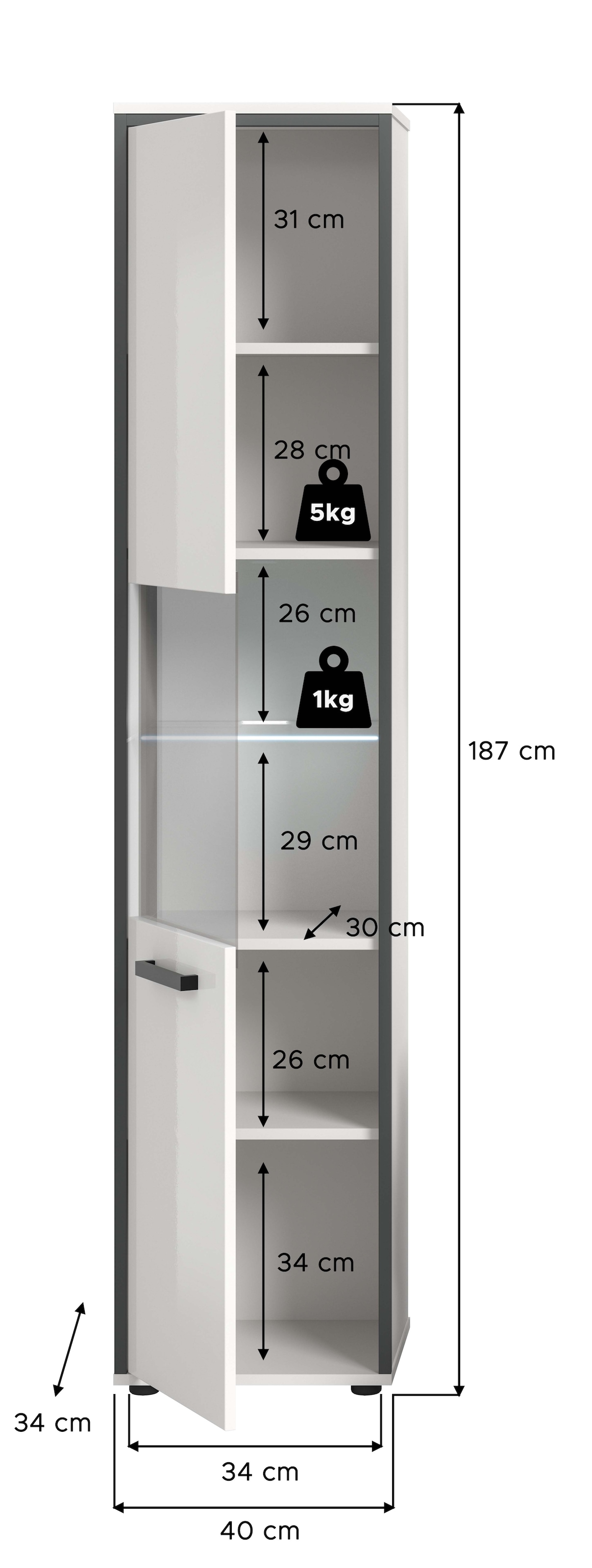 welltime Armoire haute »KAJO, hochglanz Front, inkl. Beleuchtung, Glastür, 6 Fächer« 2 cuis tlg. Badschrank, Hochschrank, Bad, Badezimmer