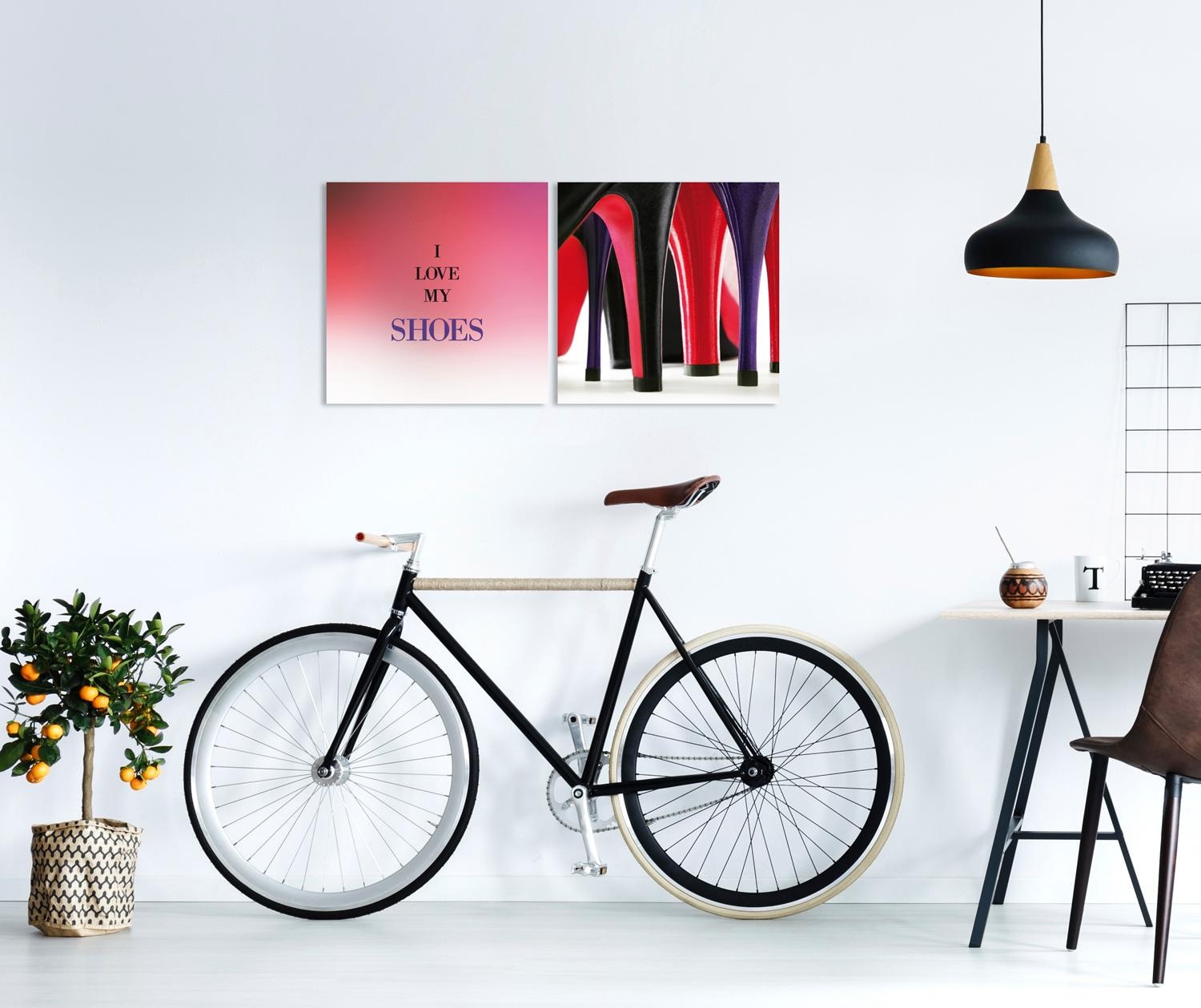 queence Leinwandbild »Shoes« Kunst | Modern | Schriftzug | Schriftzüge | Schuh | Schuhe | Sprüche | Sprüche & Texte Set,  Premium-Leinwandstoff, Handarbeit aus Deutschland, Spruch, 2er Set