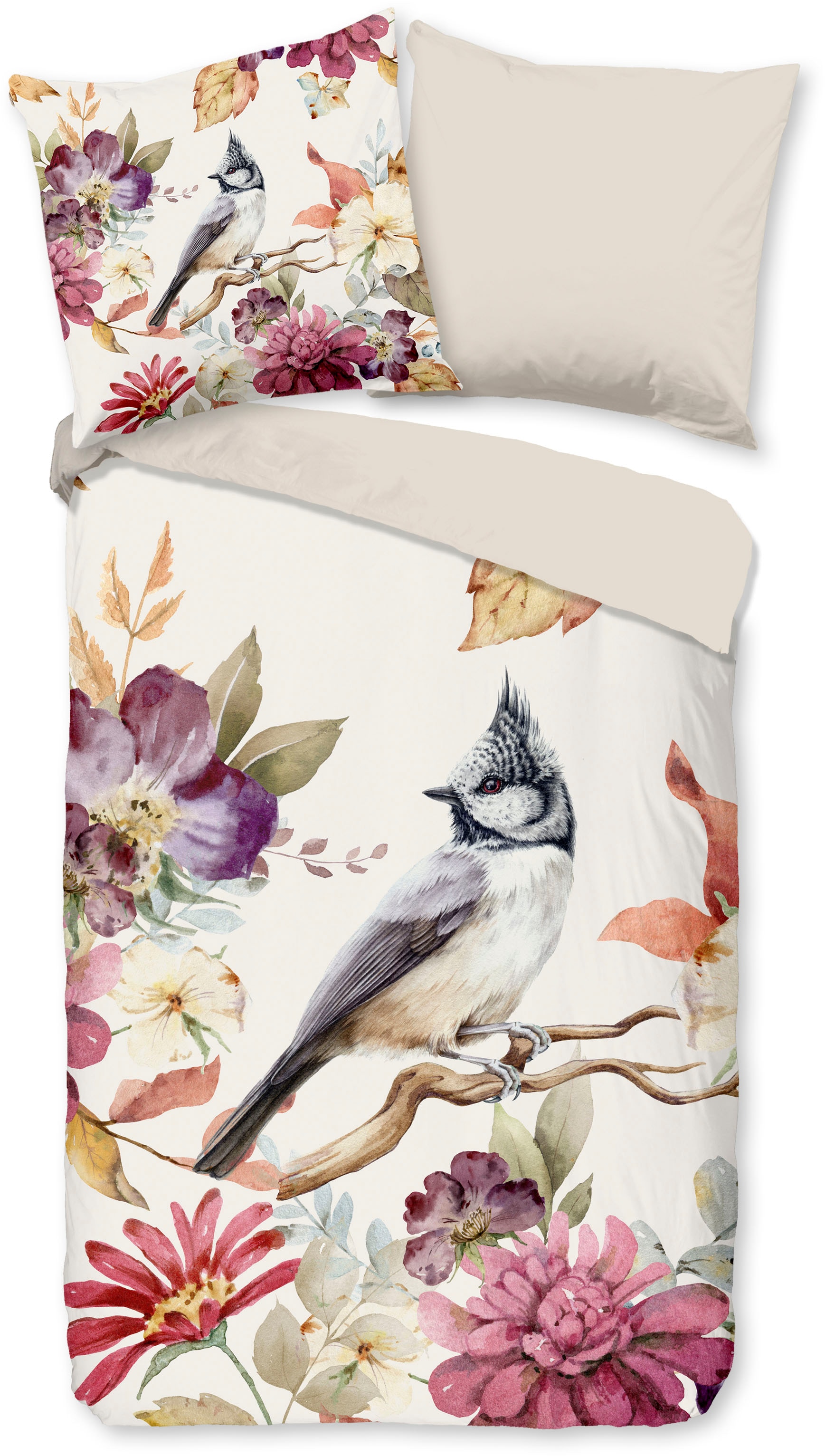 good morning Wendebettwäsche »Inga« 2 Stk. tlg. 100% Baumwolle, 135x200, Reissverschluss, Wendeoptik, Vogel Blume, Sand