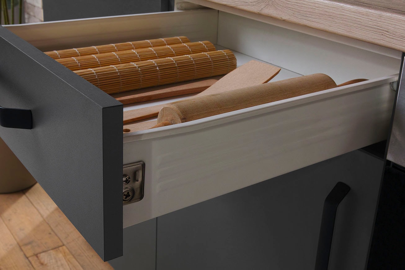 wiho Küchen Winkelküche »"Simi", mit verstellbaren Füssen, wahlweise mit E-Geräten« Soft-Close-Funktion in Schubkästen & Auszügen, Stellbreite 315/175 cm