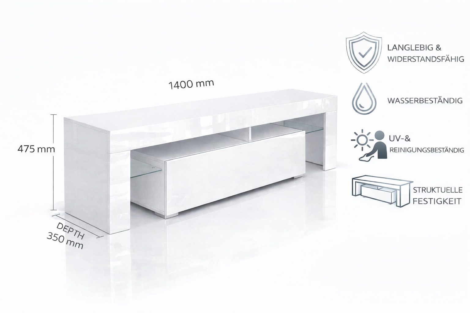 GOODproduct Table basse »MONICA, TV-Board, TV-Kommode, TV-Schrank, TV-Unterschrank, TV-Möbel« Modernes Hochglanz TV-Board in 2 Farben, grifflos mit Push-to-Open