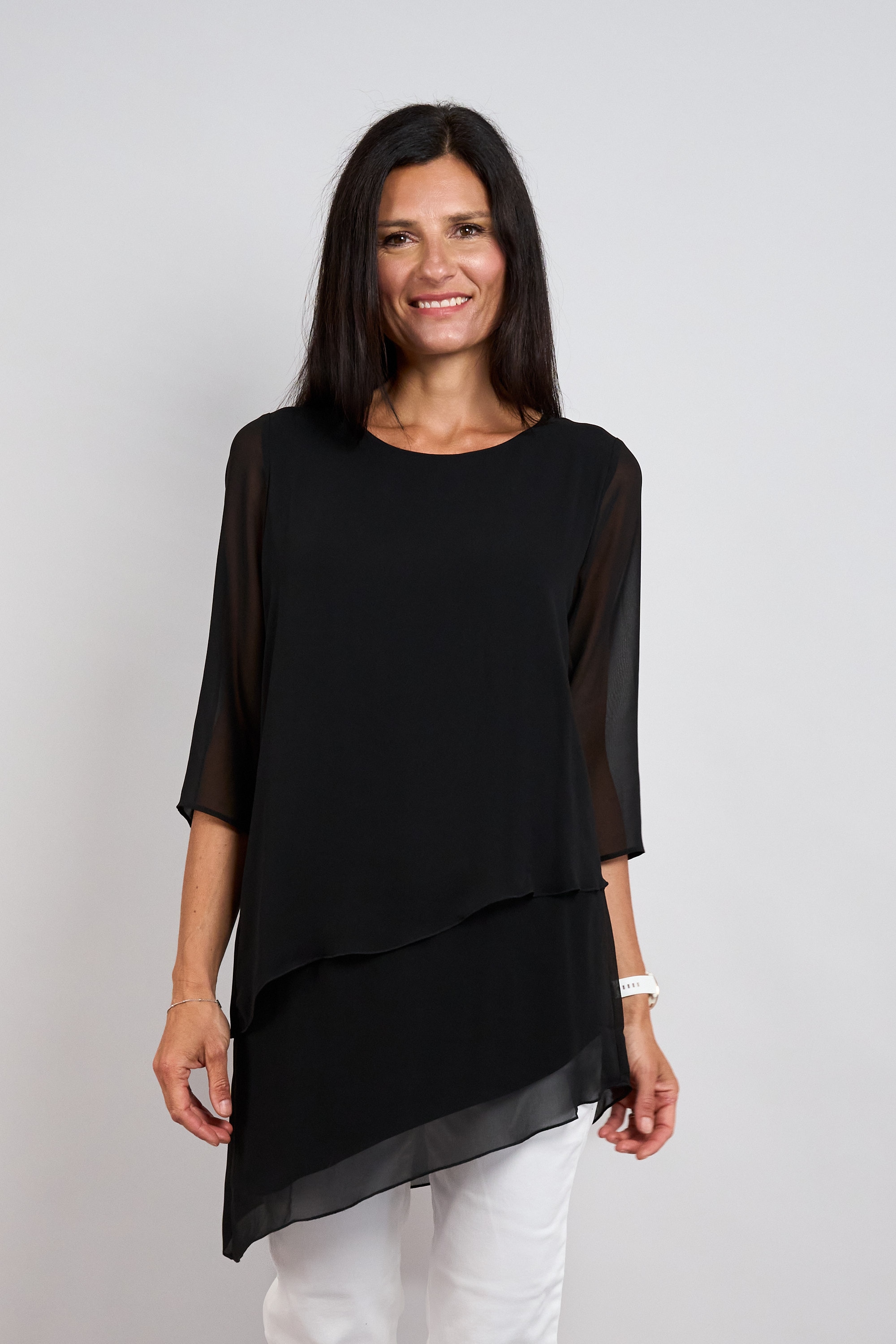 Seidel Moden Chemisier long manches 3/4 en style superposé / coupe asymétrique / FABRIQUÉ EN ALLEMAGNE