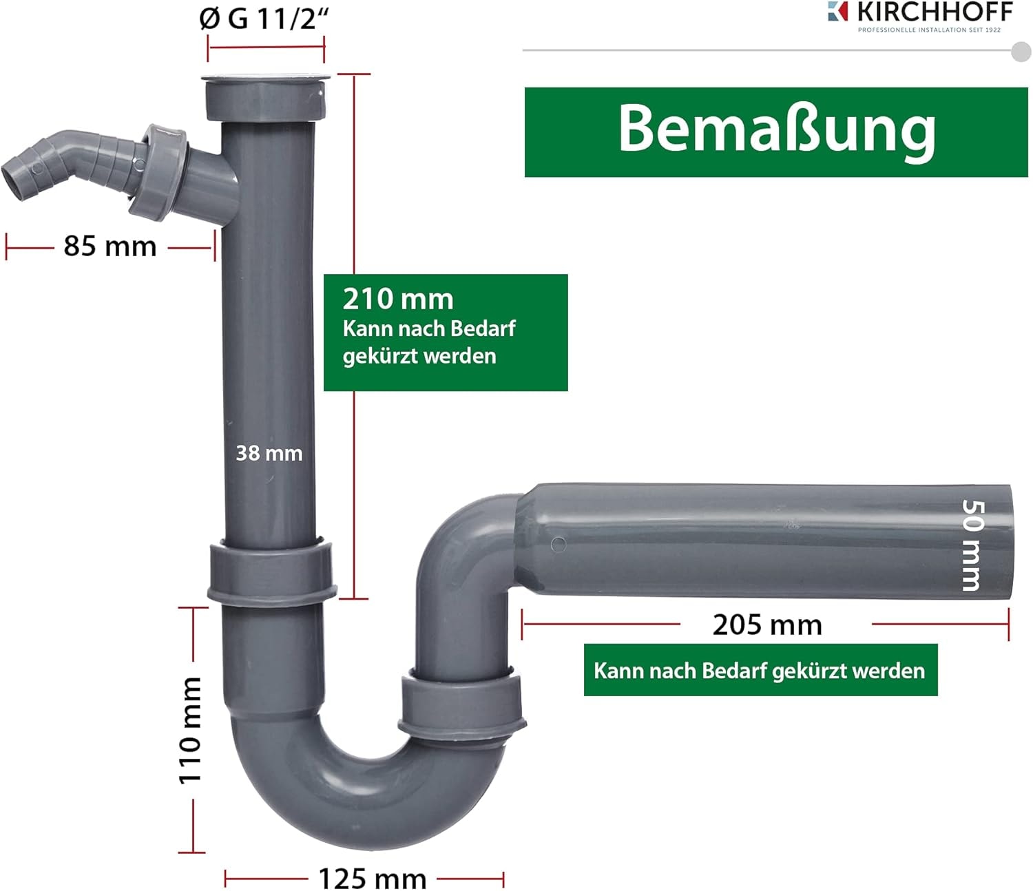 Kirchhoff Siphon »ECO-SAVE« Set,  KS Spültisch-Röhrensiphon, 1 1/2"IG x 50 mm, mit 3/4" Geräteanschluss