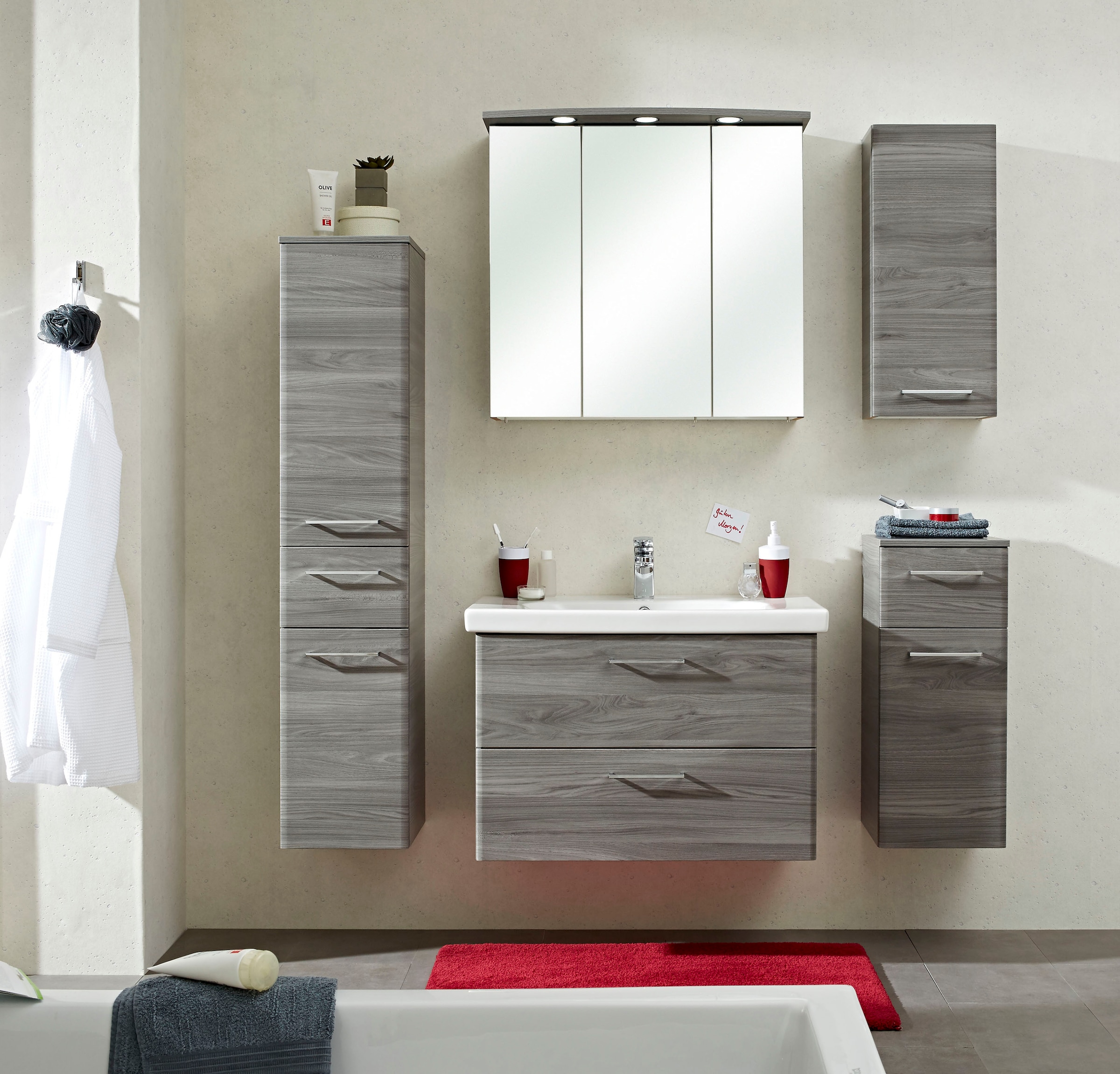 Saphir Hängeschrank »Quickset 916 Wand-Badschrank 30 cm breit mit 1 Tür, 2 Einlegeböden« Badezimmer-Hängeschrank Sangallo Grau quer Nachbildung