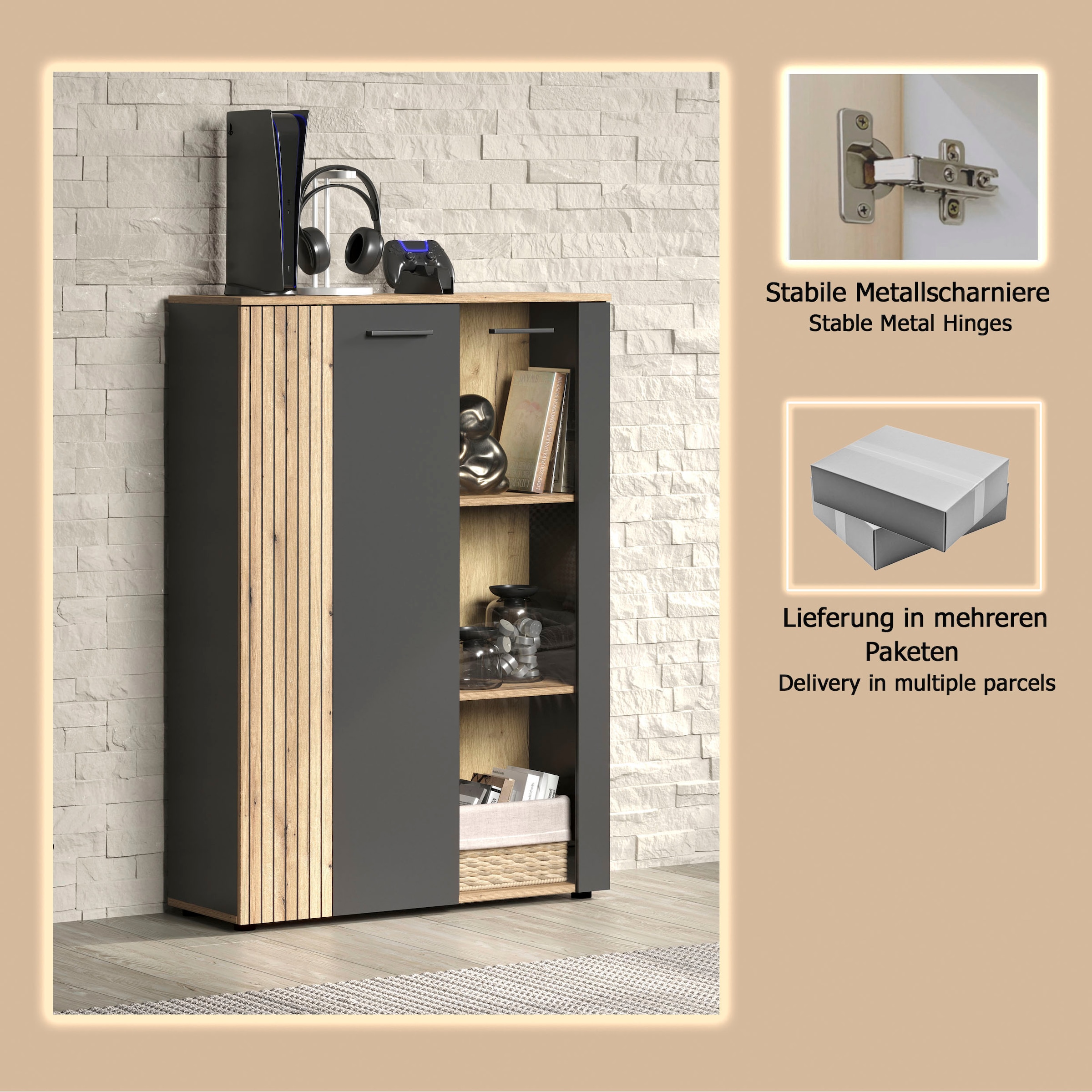 Home affaire Buffet haut »Estepona« 1 cuis tlg. vitrine, porte à effet rainuré, largeur 91 cm