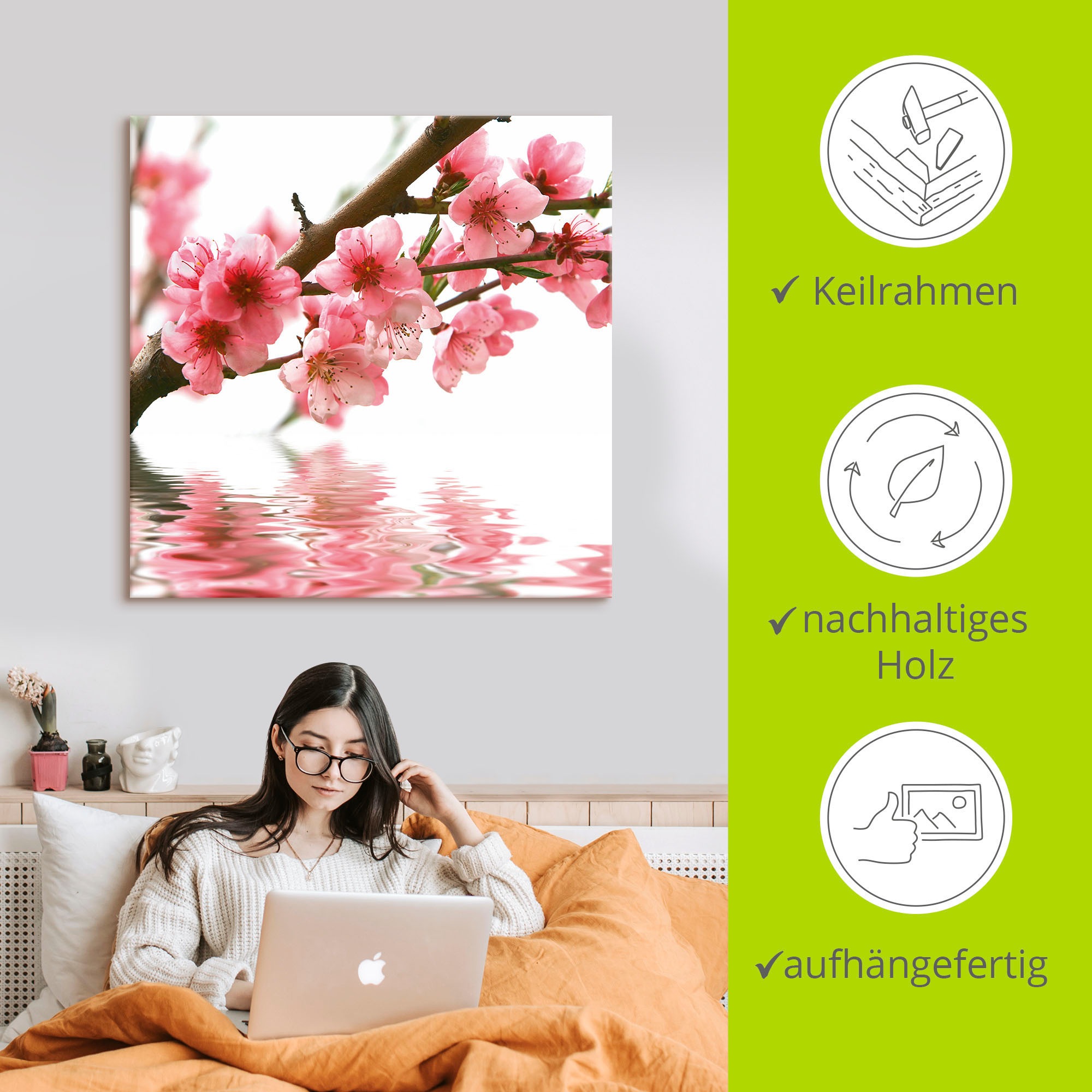 Artland Tableau sur toile »Pfirsichblüten reflektieren im Wasser« 1 cuis tlg. auf Holzrahmen gespannt