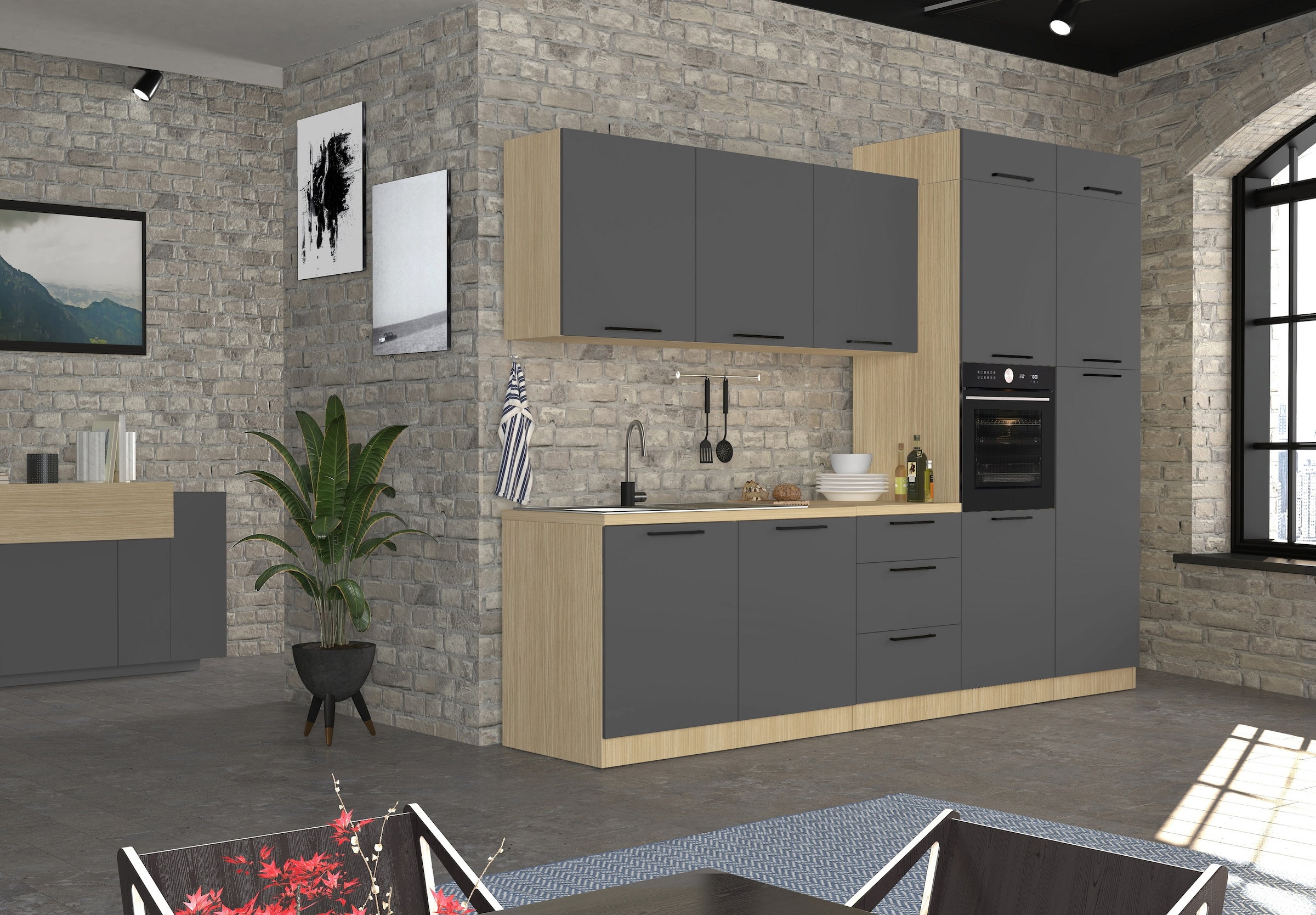 KOCHSTATION Kitchenette »Luna, Küchenzeile mit Spüle + Siphon, ohne E-Geräte« Breite 182 cm,Türen mit Soft-Close Funktion, Metalgriffe,Made in Italy