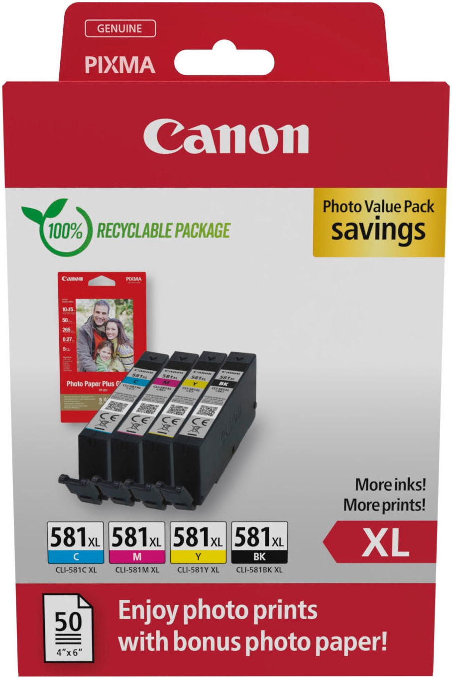Canon Tintenpatrone »CLI-581XL BK/C/M/Y Tinte mit hoher Reichweite + Fotopapier Value Pack«