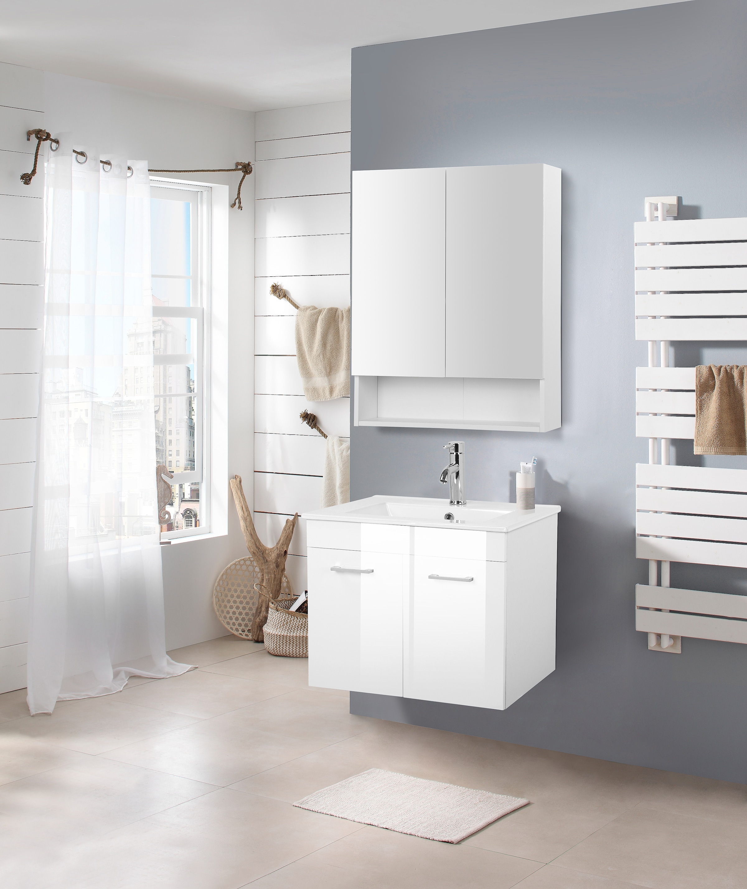 welltime Waschtisch »Florenz, Breite 60cm, 2 Tür, 2 Fächer, MDF-Front« Komplett-Set,  Waschplatz mit 2 Türen,in verschiedenen Farben erhältlich, Badmöbel